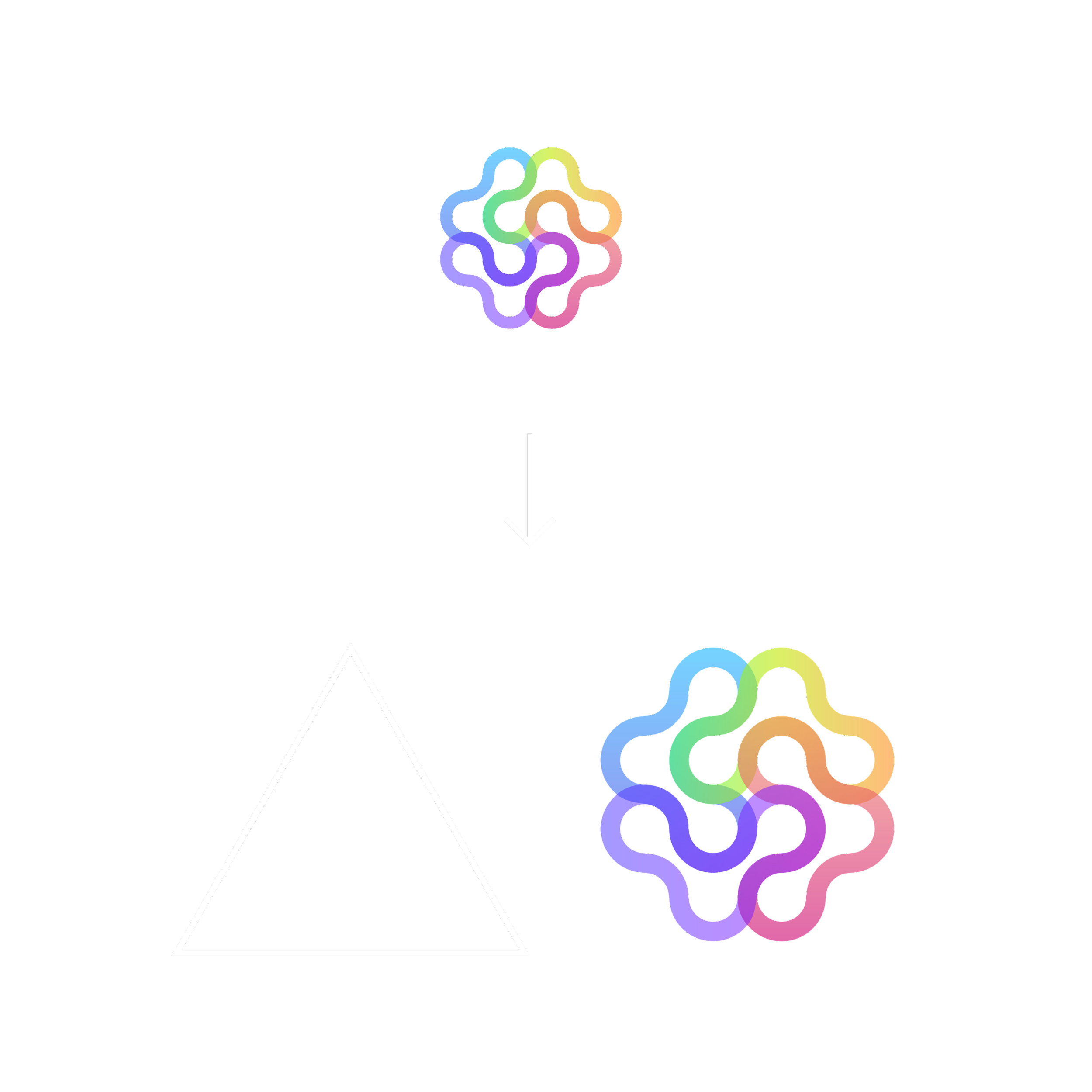 Digital illustration featuring interconnected pastel-colored lines and circles forming a stylized brain shape with downward pointing arrows.
