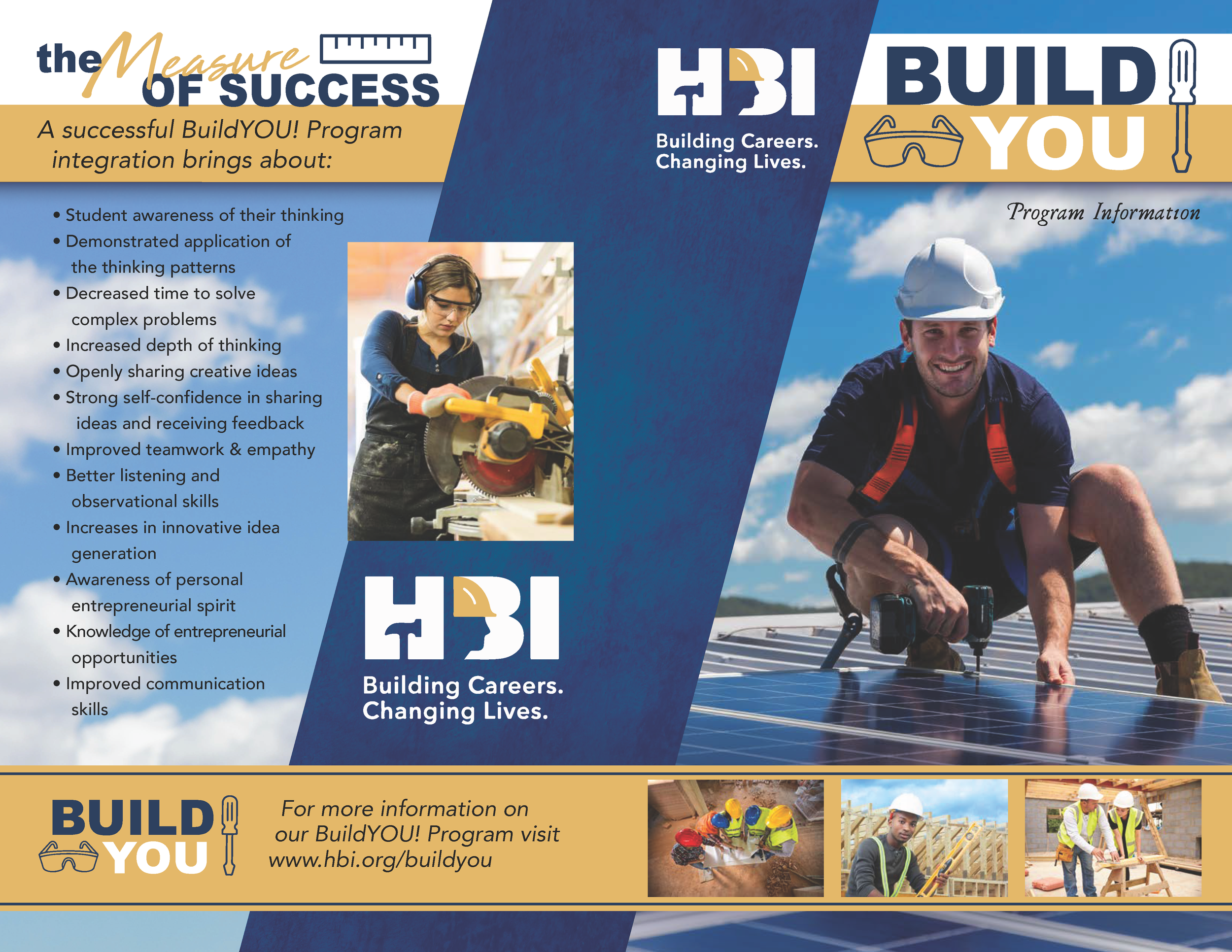 A promotional flyer for the BuildYOU! program featuring a man in a white safety helmet working on solar panels and a woman wearing safety glasses and ear protection using a power saw.