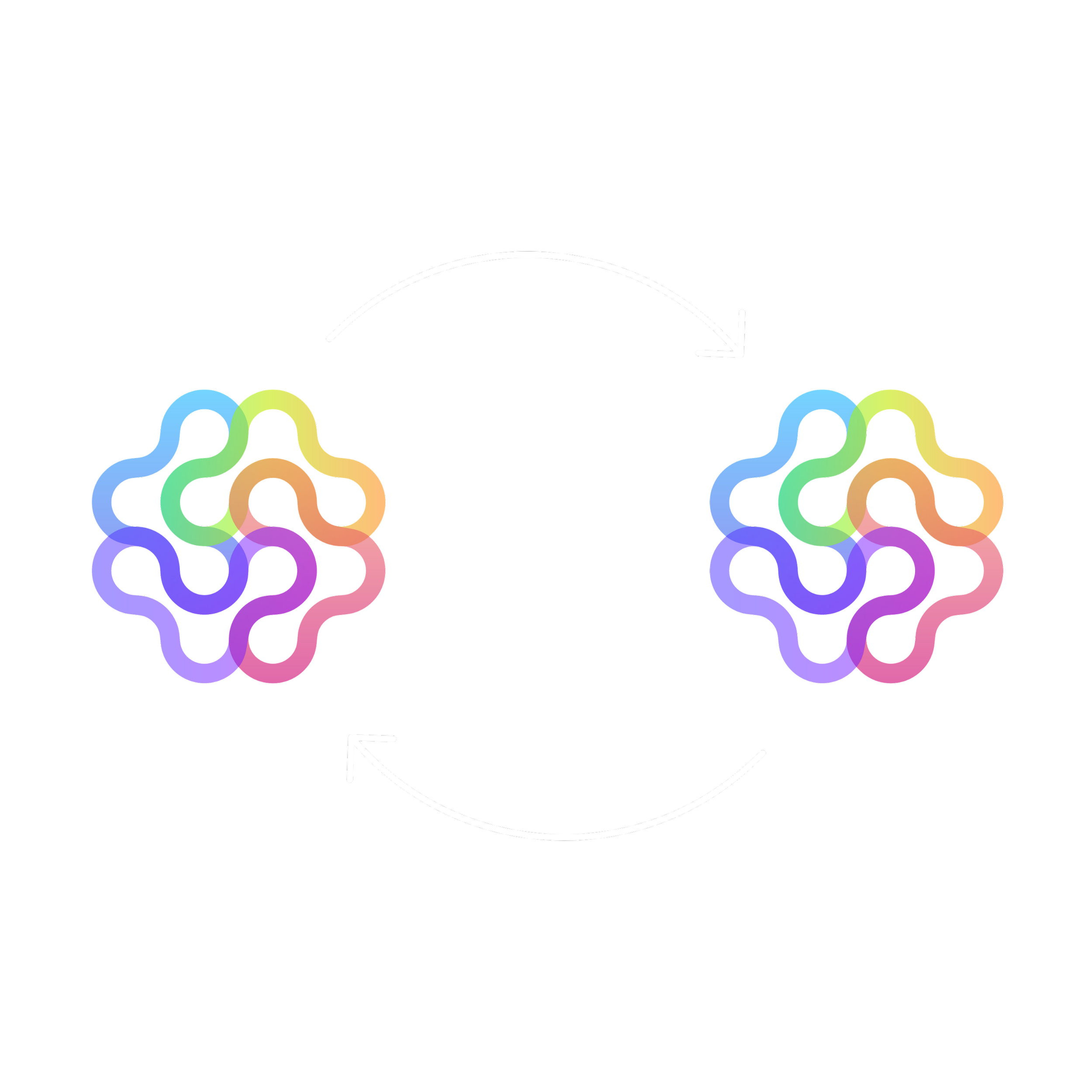 Colorful, intertwined loops arranged in a repeating pattern with a black background and white arrows indicating a cycle.