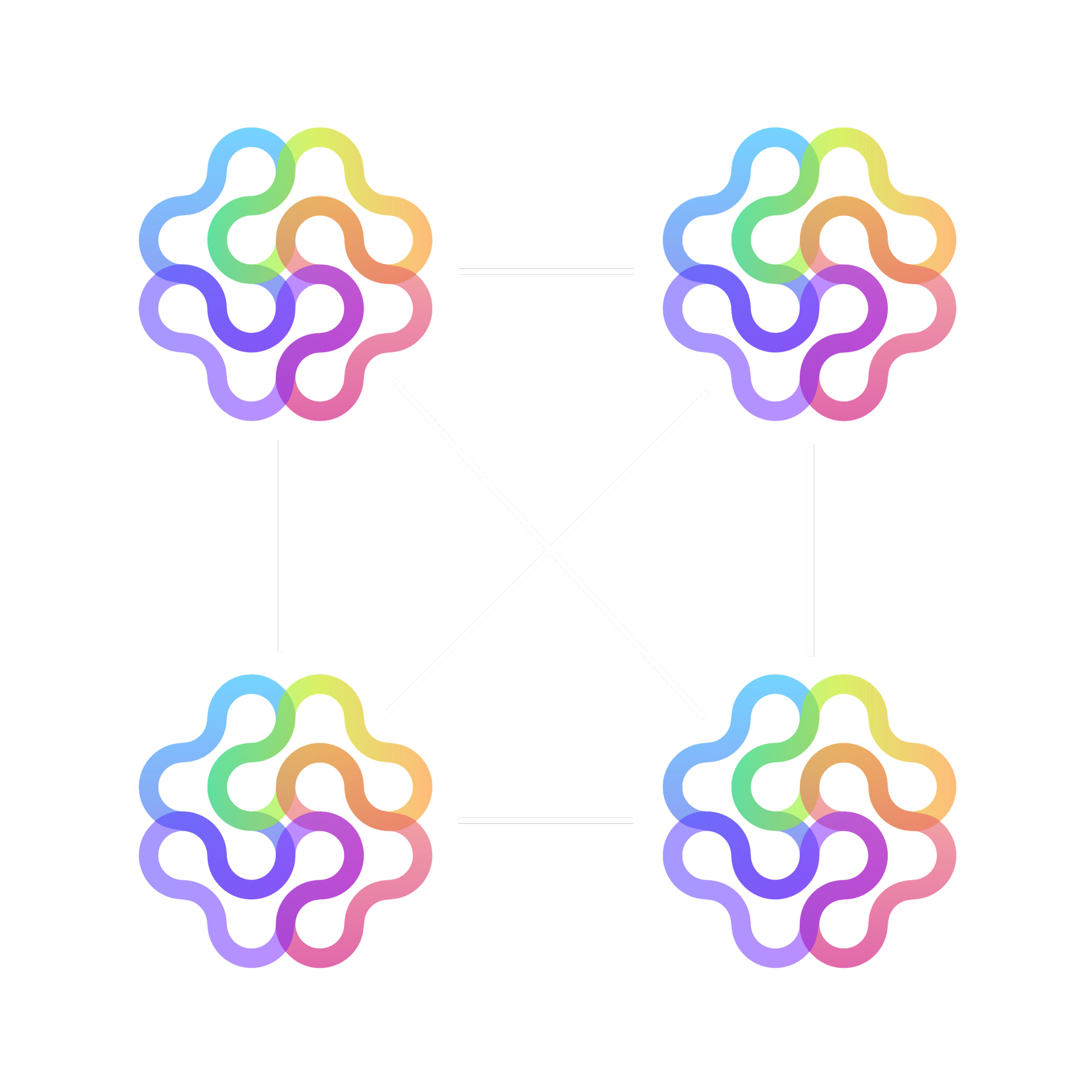 Colorful, intertwined loops forming a symmetrical geometric pattern on a black background.