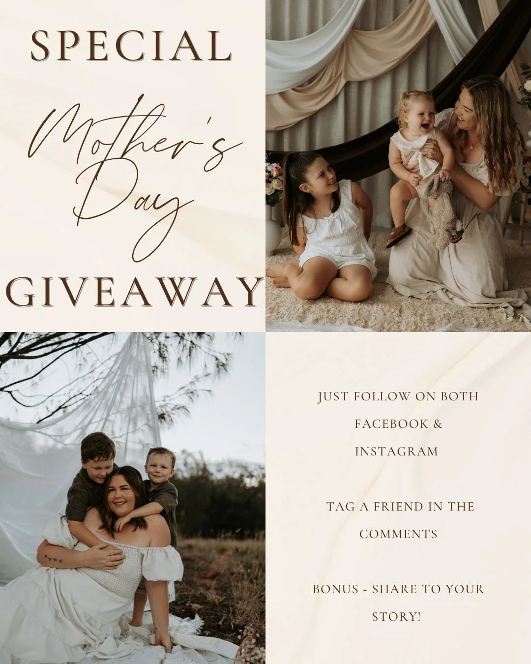 ✨ MOTHER&rsquo;S DAY GIVEAWAY ✨

To celebrate all the beautiful mums, I&rsquo;m giving away a Motherhood Mini Session 🤍

One lucky winner will receive their choice of:
📸 Studio Mini Session
🌿 Outdoor Mini Session

These sessions are designed to ca