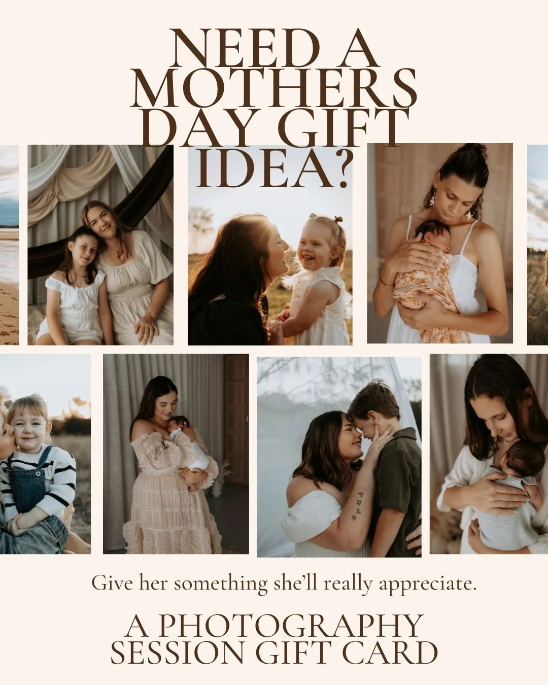 Are you looking for an amazing Mother's Day gift idea? Show her how much you appreciate her &amp; get her a photography session gift card. As a mum, I know this gift is a perfect idea - we don't get nearly enough photos with our babies. 
Purchase her