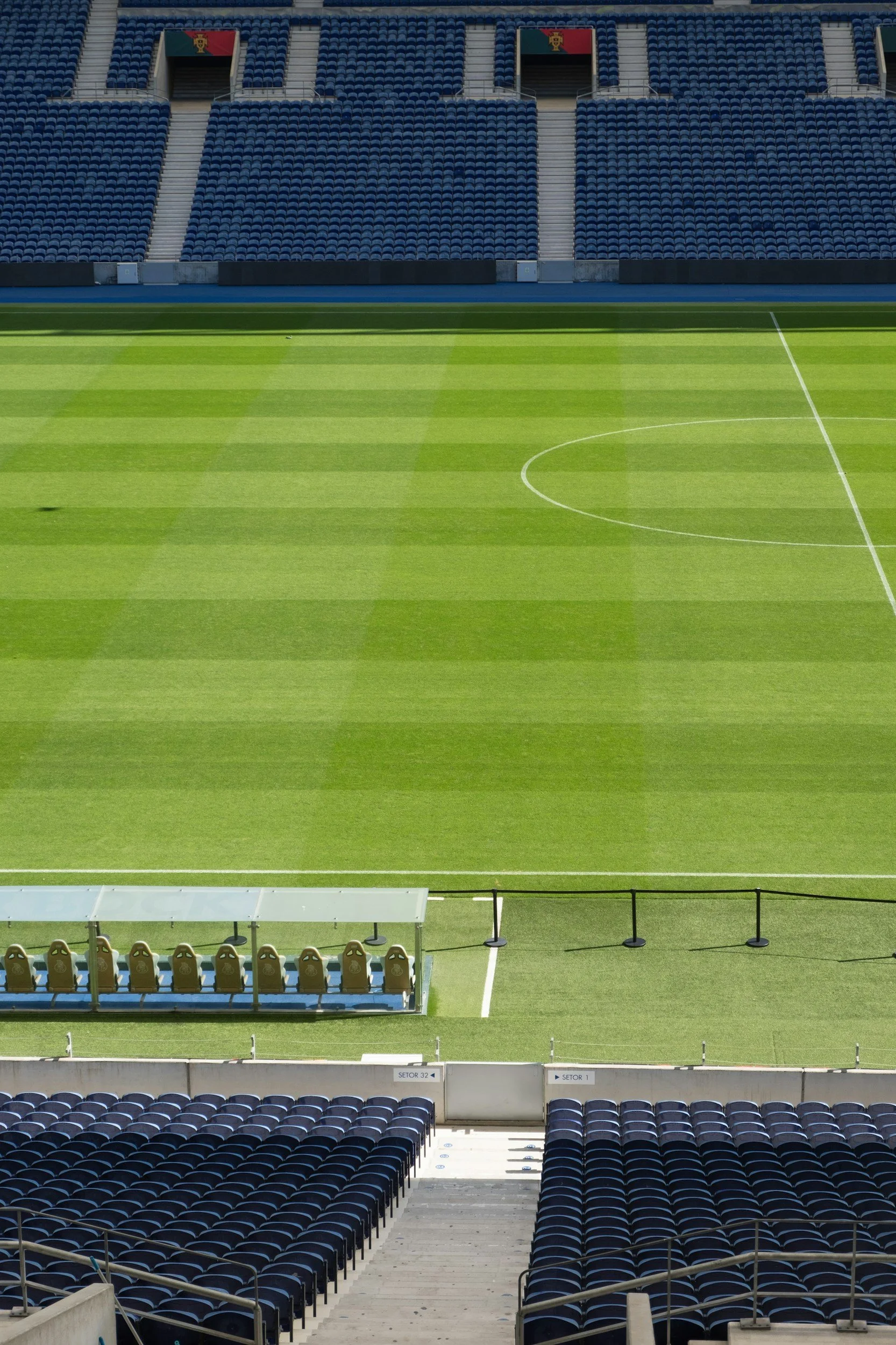Empty soccer stadium with green field, stadium seats, and team benches.