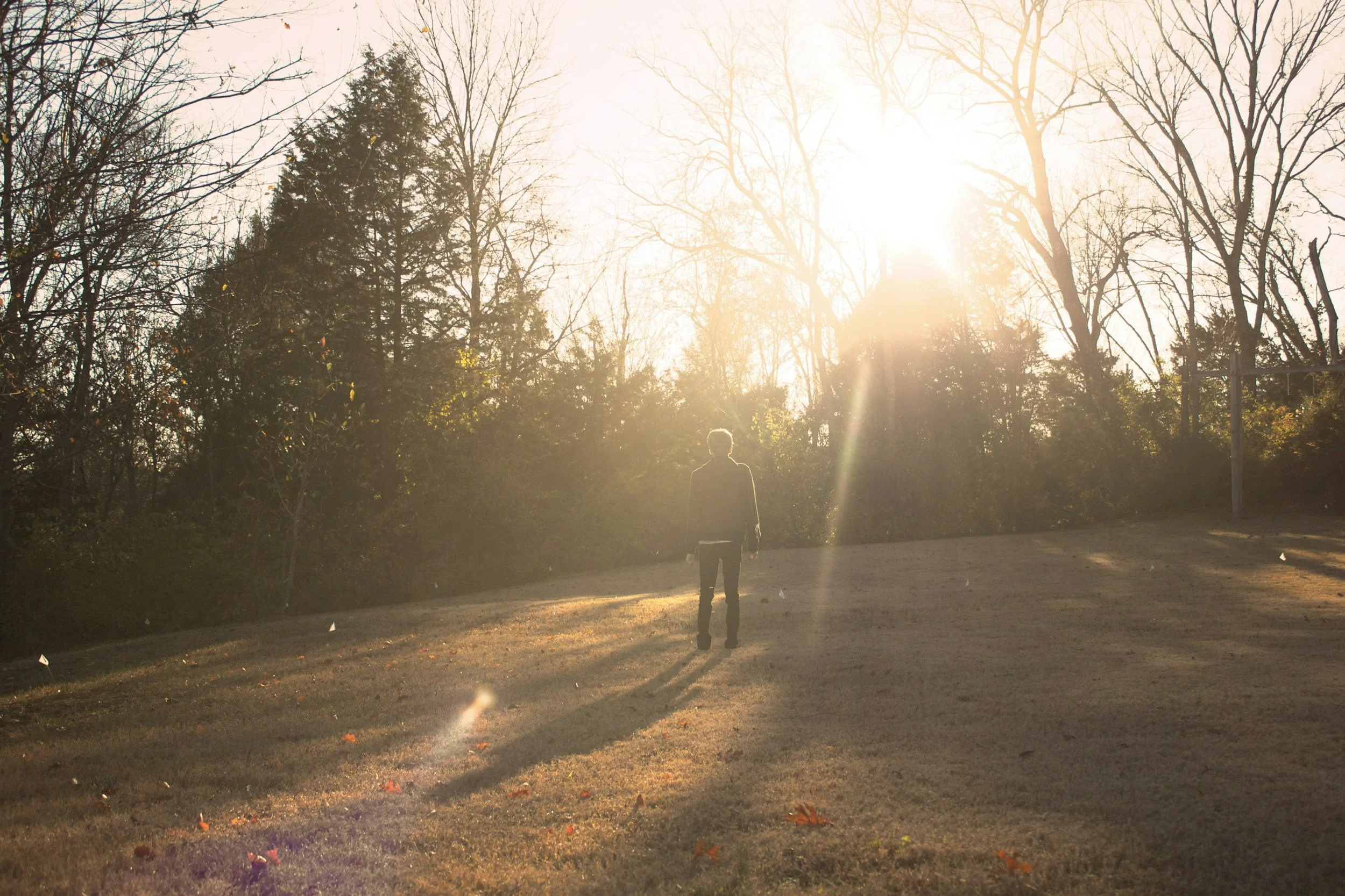 A person standing alone on a grassy field during sunset with trees in the background.