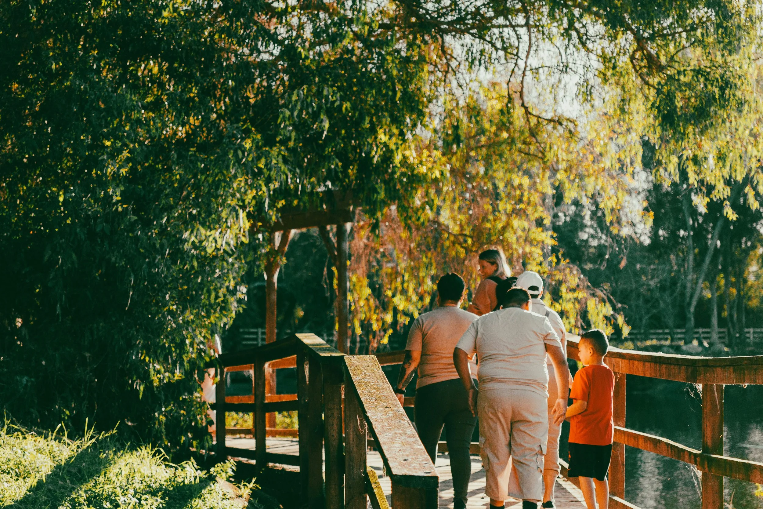 A family walking together up a wooden ramp outdoors in warm autumn light, seen from behind.
