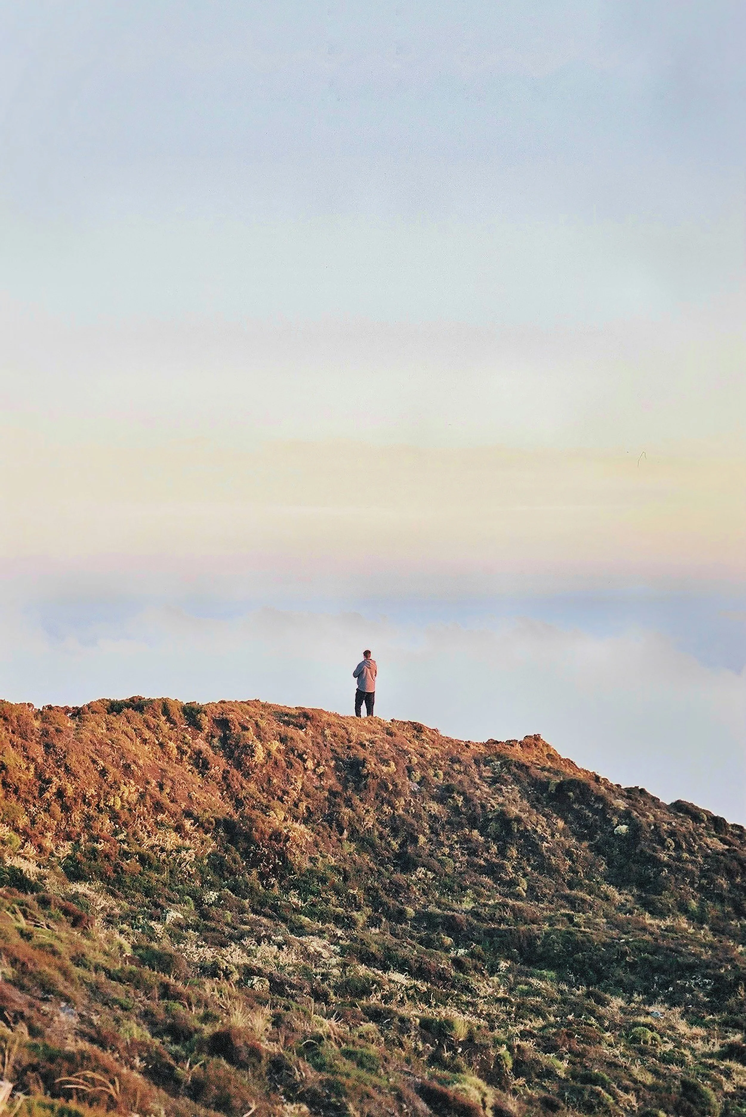 A person standing on top of a grassy hill, looking at the sky during sunset or sunrise.