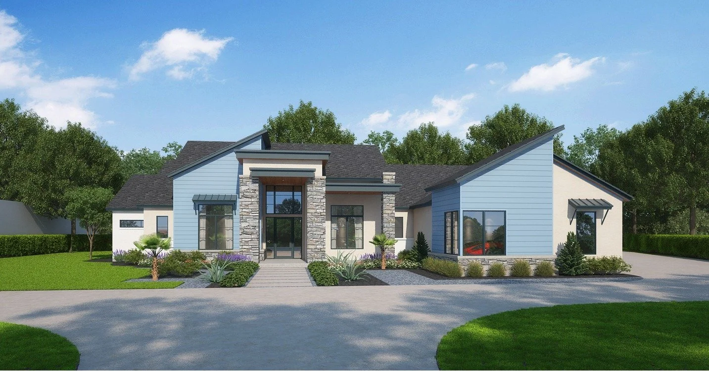 I've completed the design for a modern one-story house at Moores Farm in Royse City. The house is 4200 square feet and features 4 bedrooms, each with a private bath and walk-in closet. The design includes an open layout connecting the living room, ki