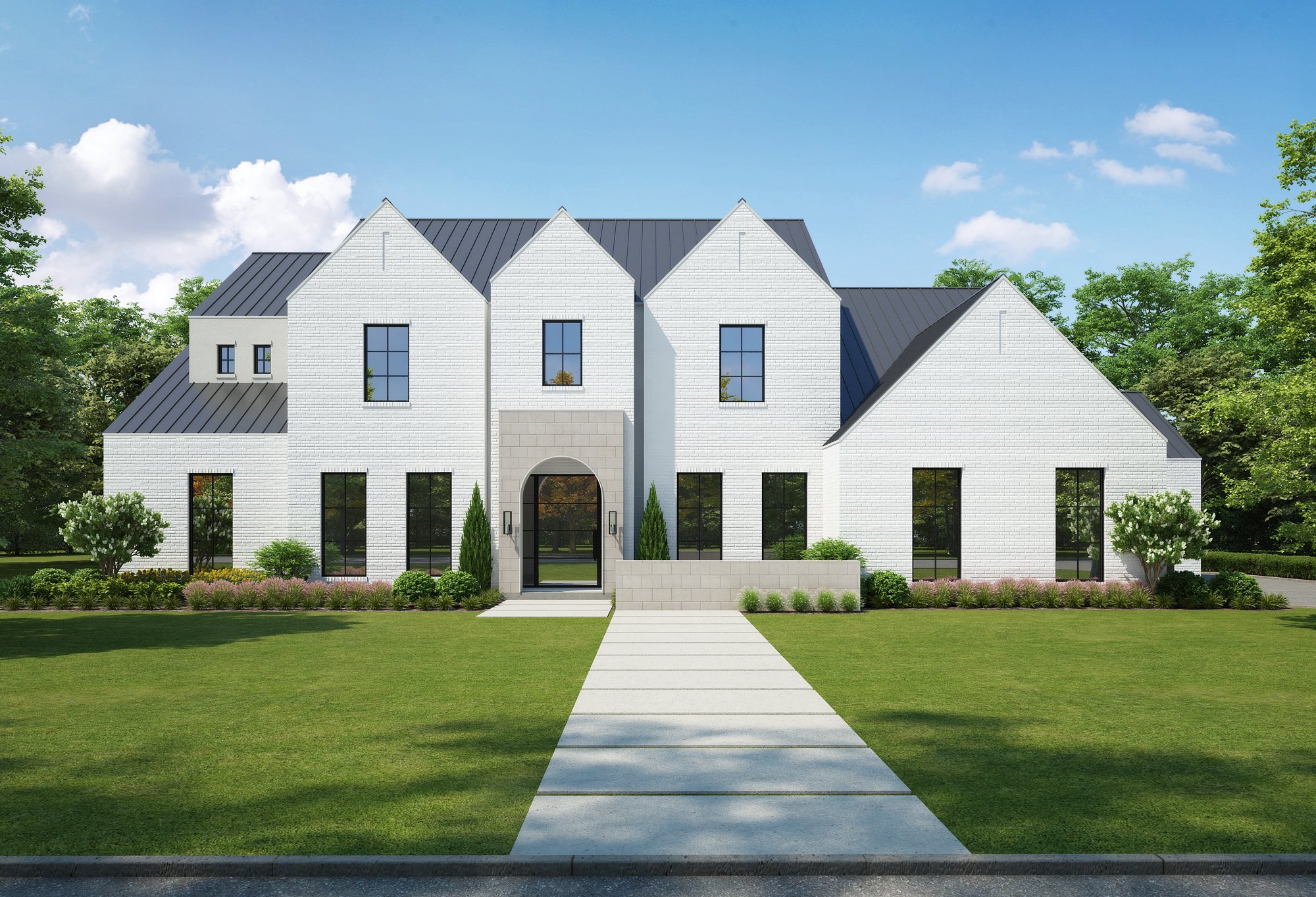 Another custom coming to life in the Disneyland Streets of Dallas

This modern elevation is wrapped in white brick, capped in standing seam metal, and anchored by a 9'x9' glass pivot entry framed by a 3-sided stone block wall. Clean lines, symmetry, 