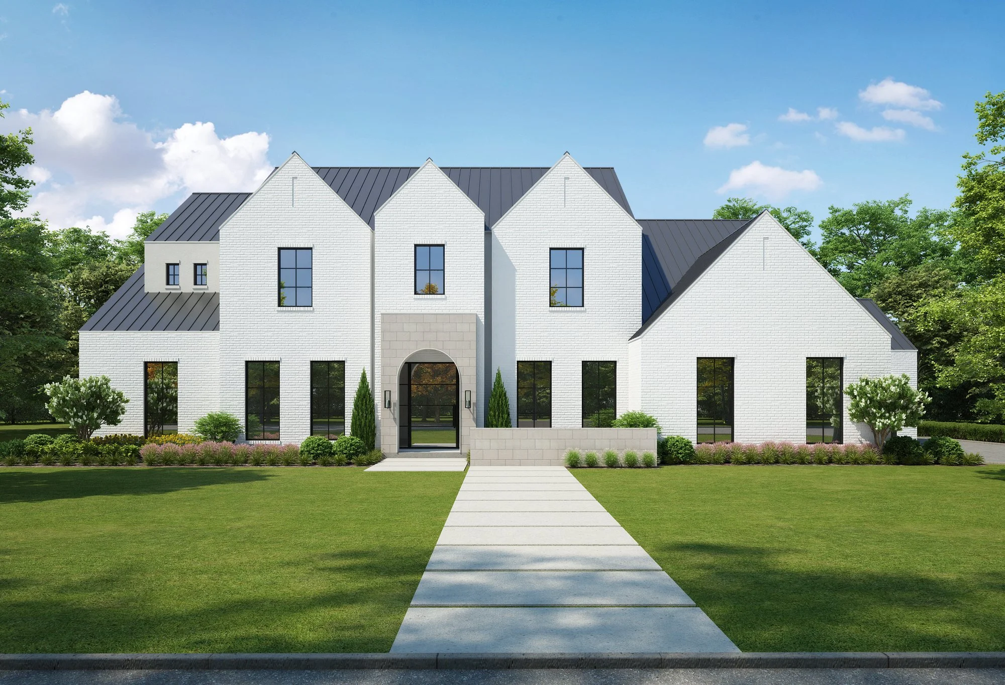 Another custom coming to life in the Disneyland Streets of Dallas

This modern elevation is wrapped in white brick, capped in standing seam metal, and anchored by a 9'x9' glass pivot entry framed by a 3-sided stone block wall. Clean lines, symmetry, 