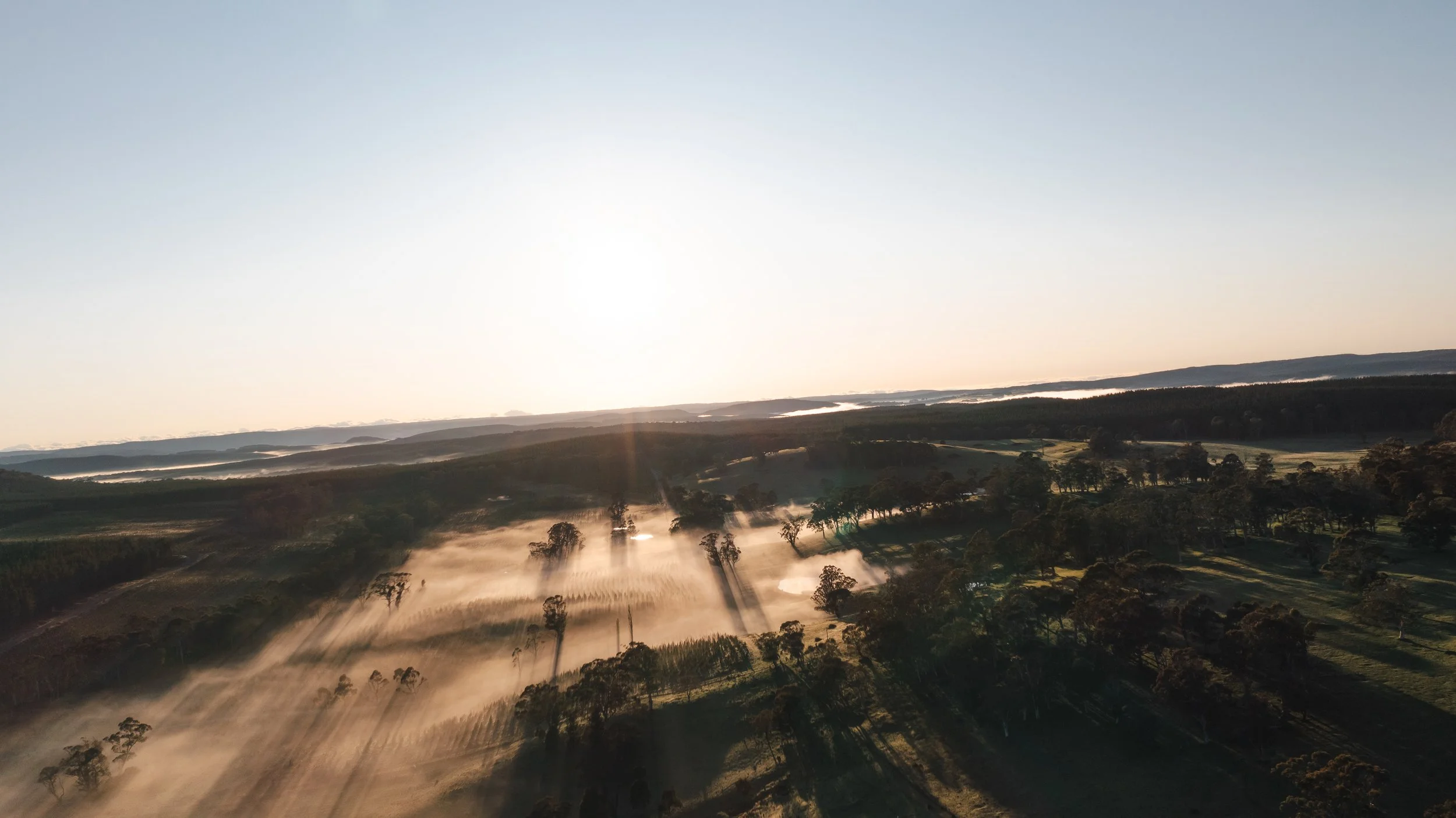 Aerial view of a rural landscape at sunrise with trees, fields, and mist, drone photography, tiny stay, tiny accommodation.