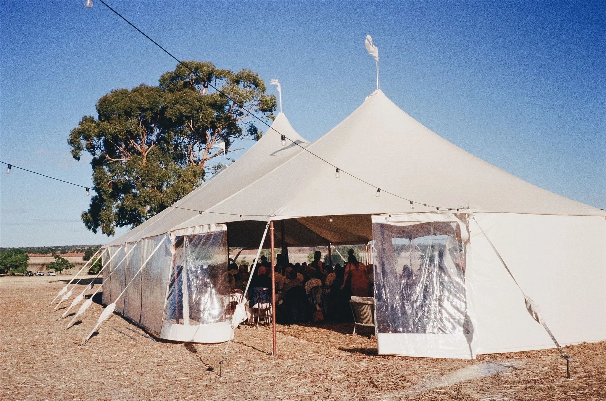wedding, country, Australia, marquee, Large white event tent with open sides on an outdoor dirt field, filled with seated people attending an event on a clear sunny day, with a tall tree in the background.