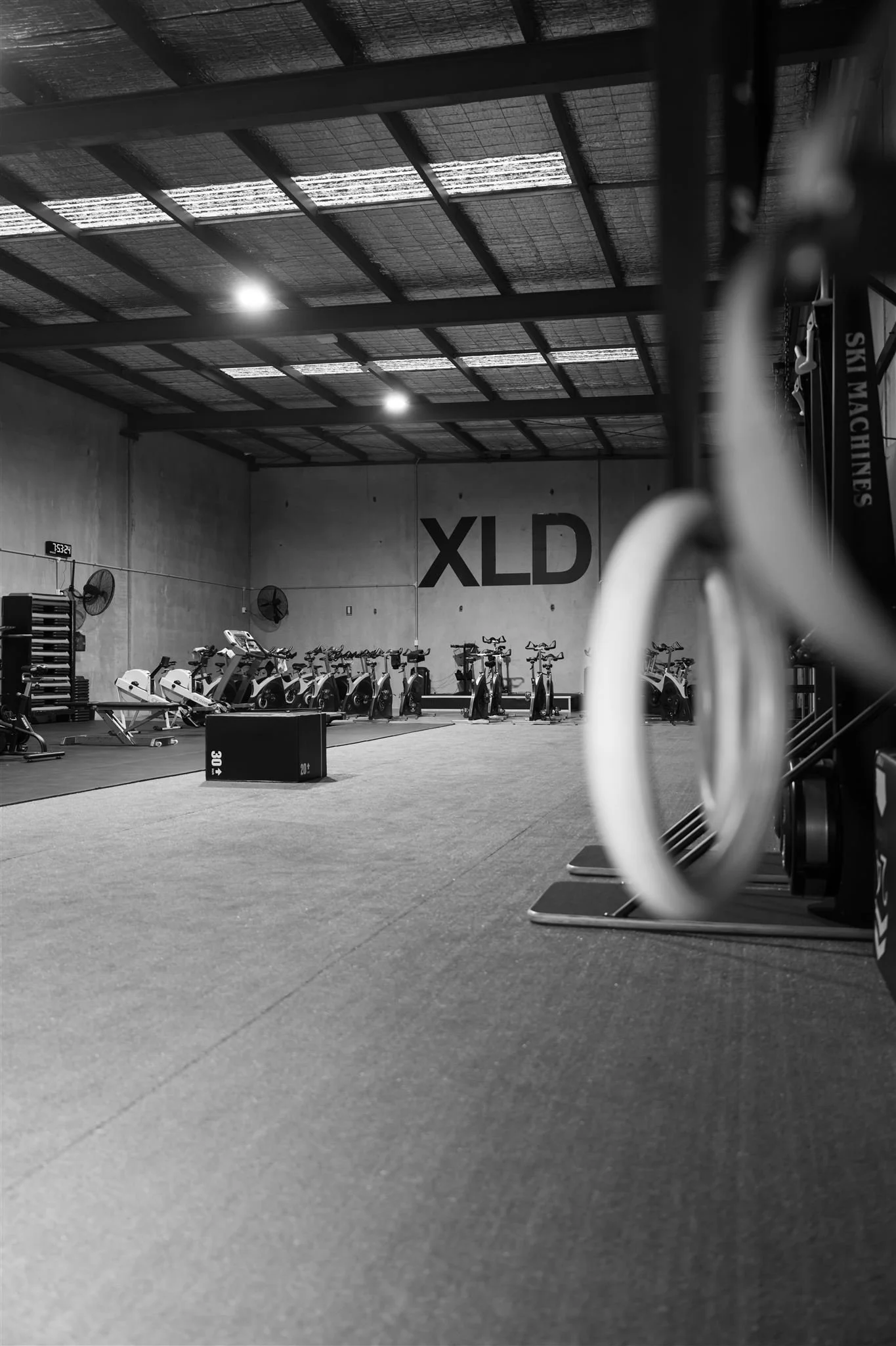 A gym with exercise bikes lined up against a wall with the large letters 'XLD' on the back wall, and gym equipment including a stack of weights and gymnastic rings in the foreground.