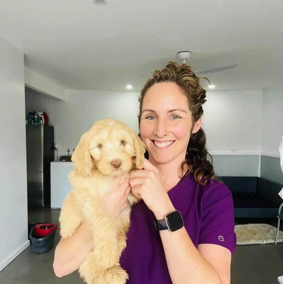 A woman with curly brown hair, wearing a purple shirt and a smartwatch, smiling and holding a light-colored puppy inside a home.