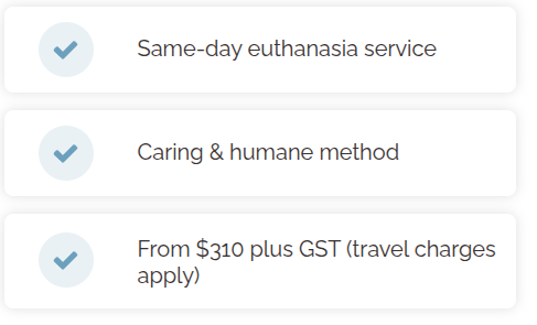 Three information cards listing euthanasia services, caring methods, and pricing details.