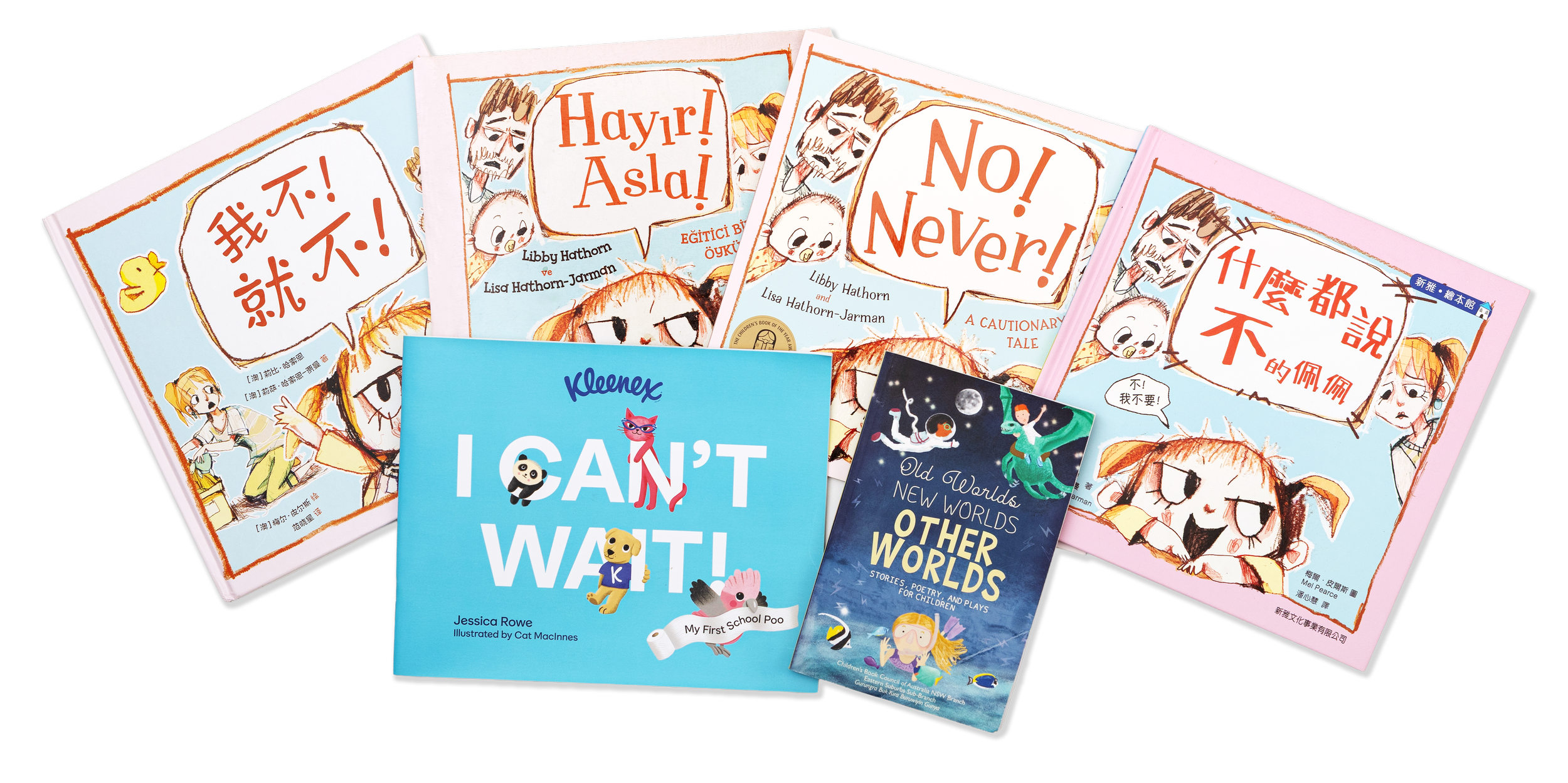 Collection of Lisa's books, including titles in various languages and illustrations of cartoon characters, with a black background.