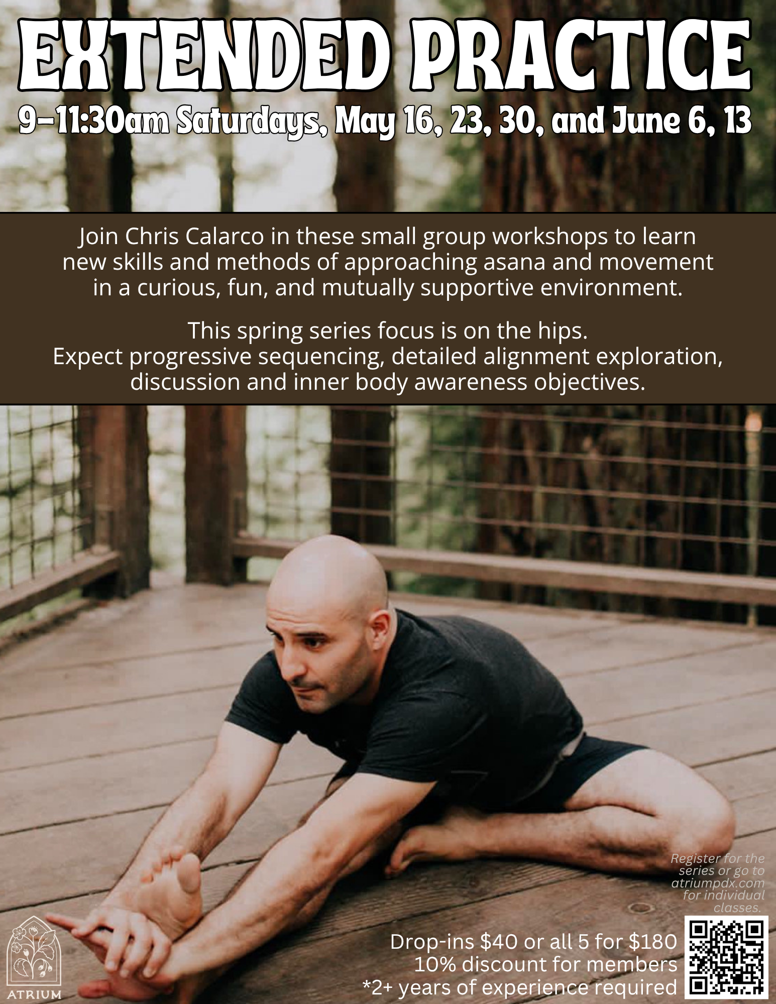 Poster advertising an extended practice class series led by Chris Calarco, featuring a yoga pose demonstration, schedule for Saturdays in January, pricing details, description of the workshops, and a QR code.