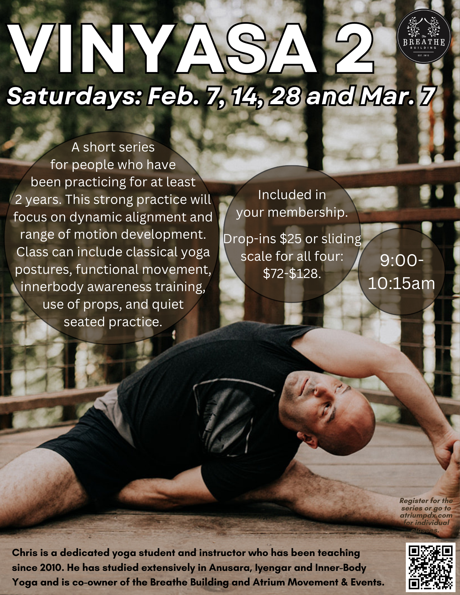 Man practicing Vinyasa yoga outdoors for Chris Calarco alignment-based class in Portland.