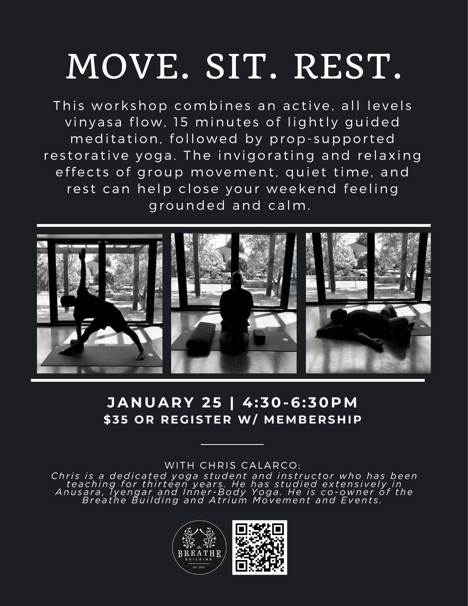 Flyer for Move Sit Rest yoga and meditation workshop with Chris Calarco in SE Portland.