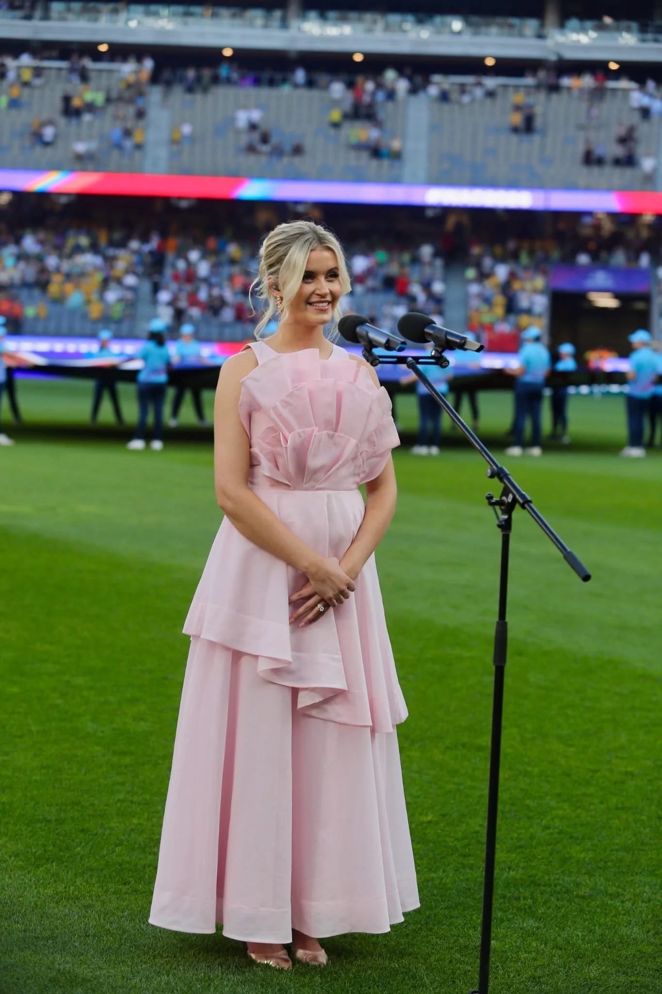 Stella Kelly singing the Australian National Anthem at the AFC Asian Women's Cup Semi-Final Australia vs China at Optus Stadium.