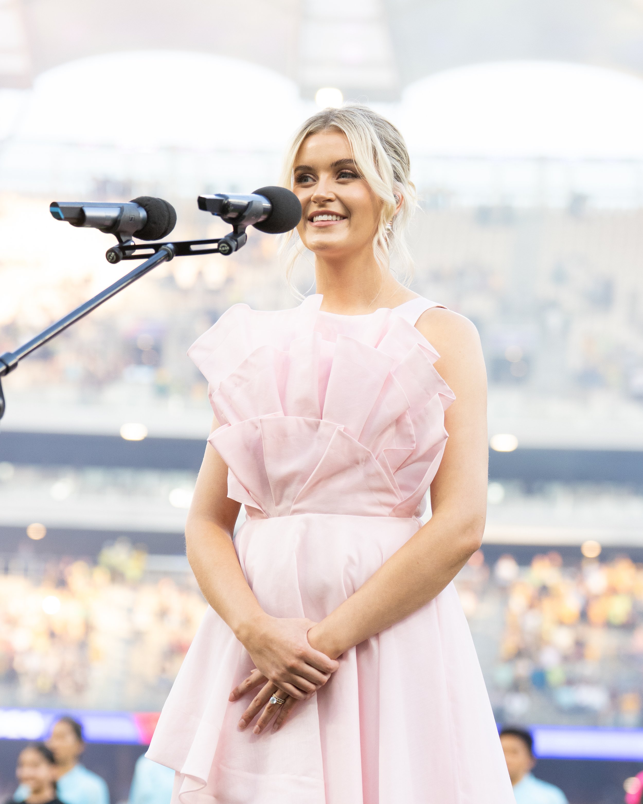 Stella Kelly performing the Australian national anthem at the AFC Asian Women's Cup Semi-Final