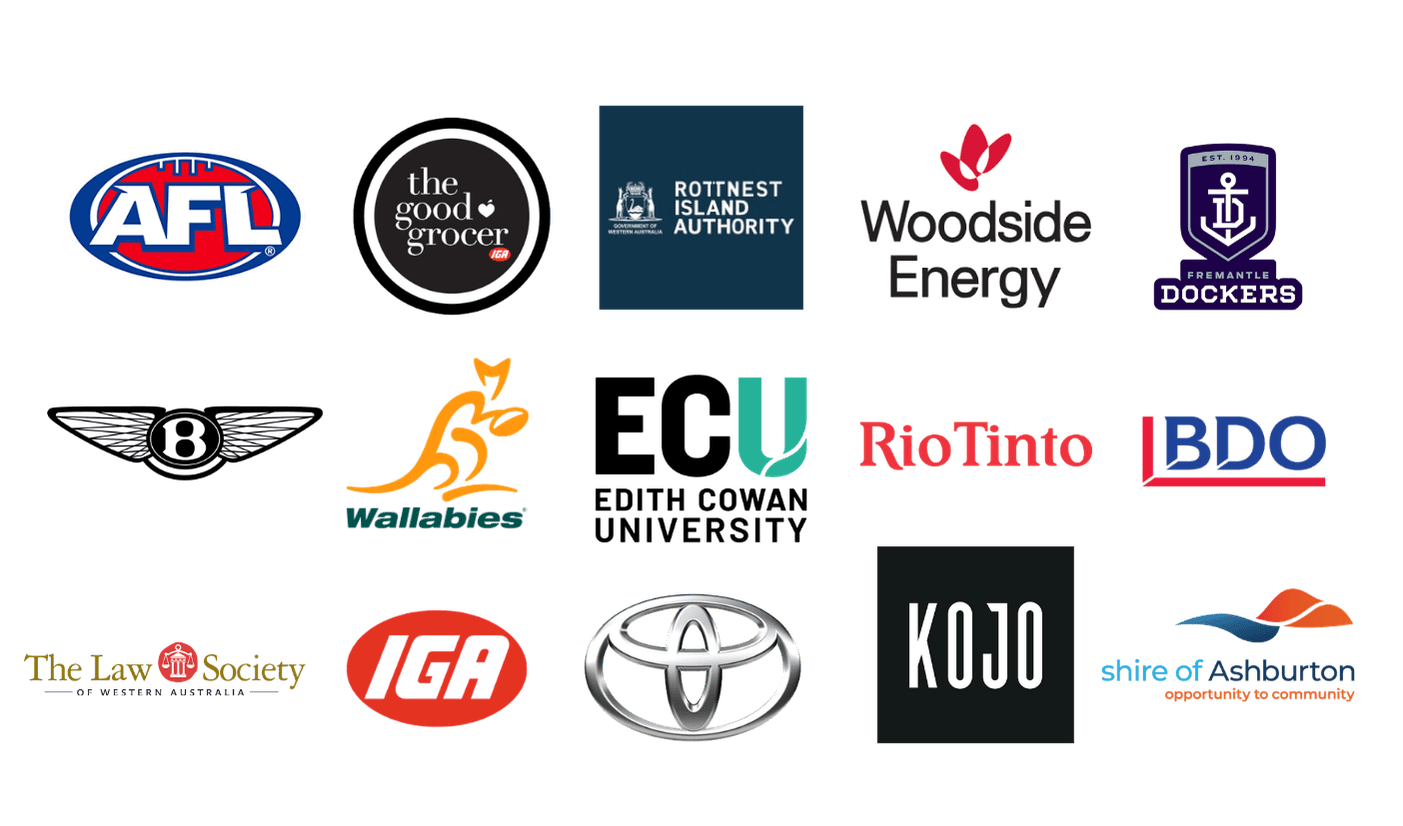 Logos of organisations Stella Kelly has performed for including AFL, Woodside Energy, ECU and Toyota