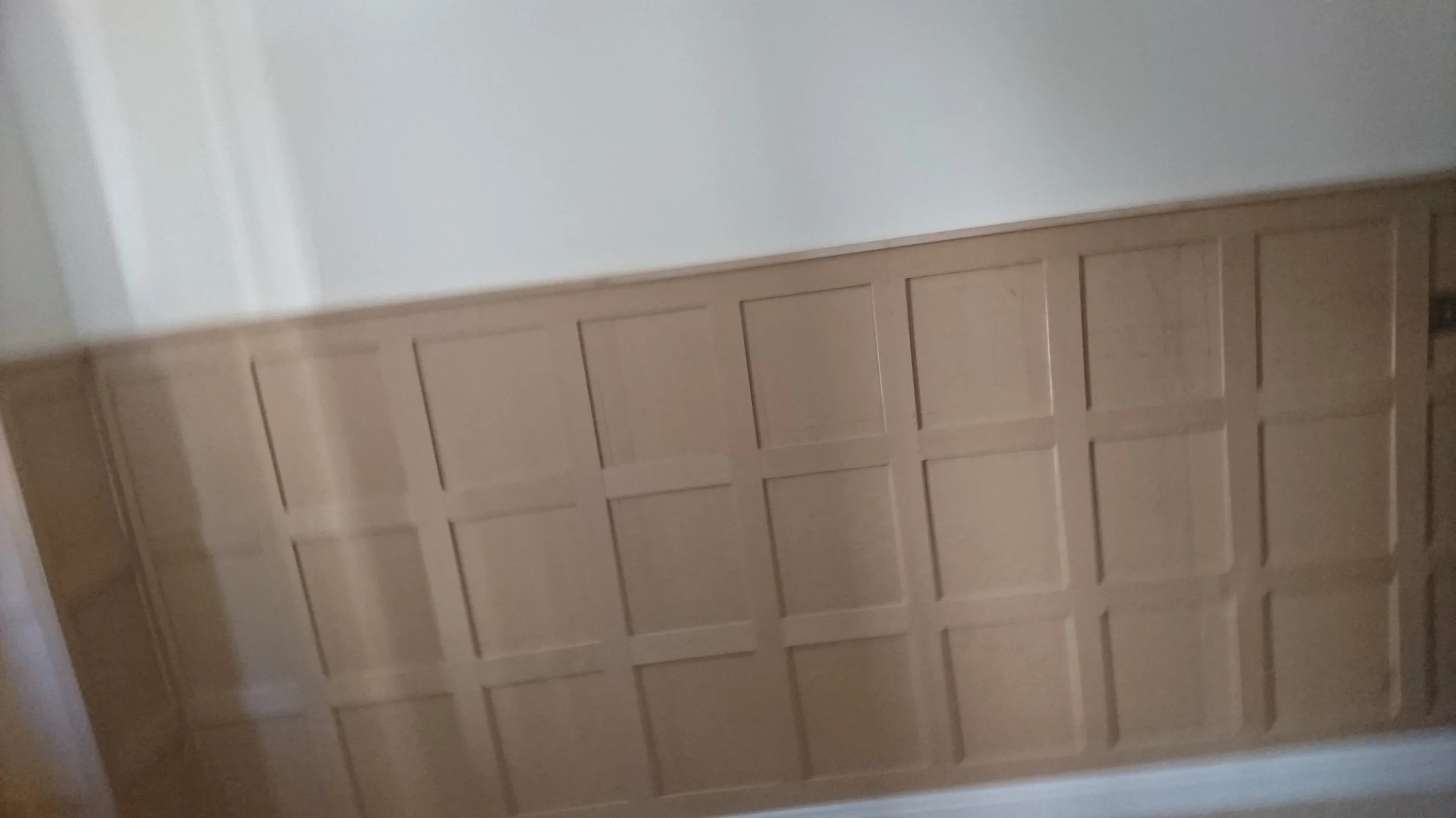 Wooden door with rectangular panels and a white wall background