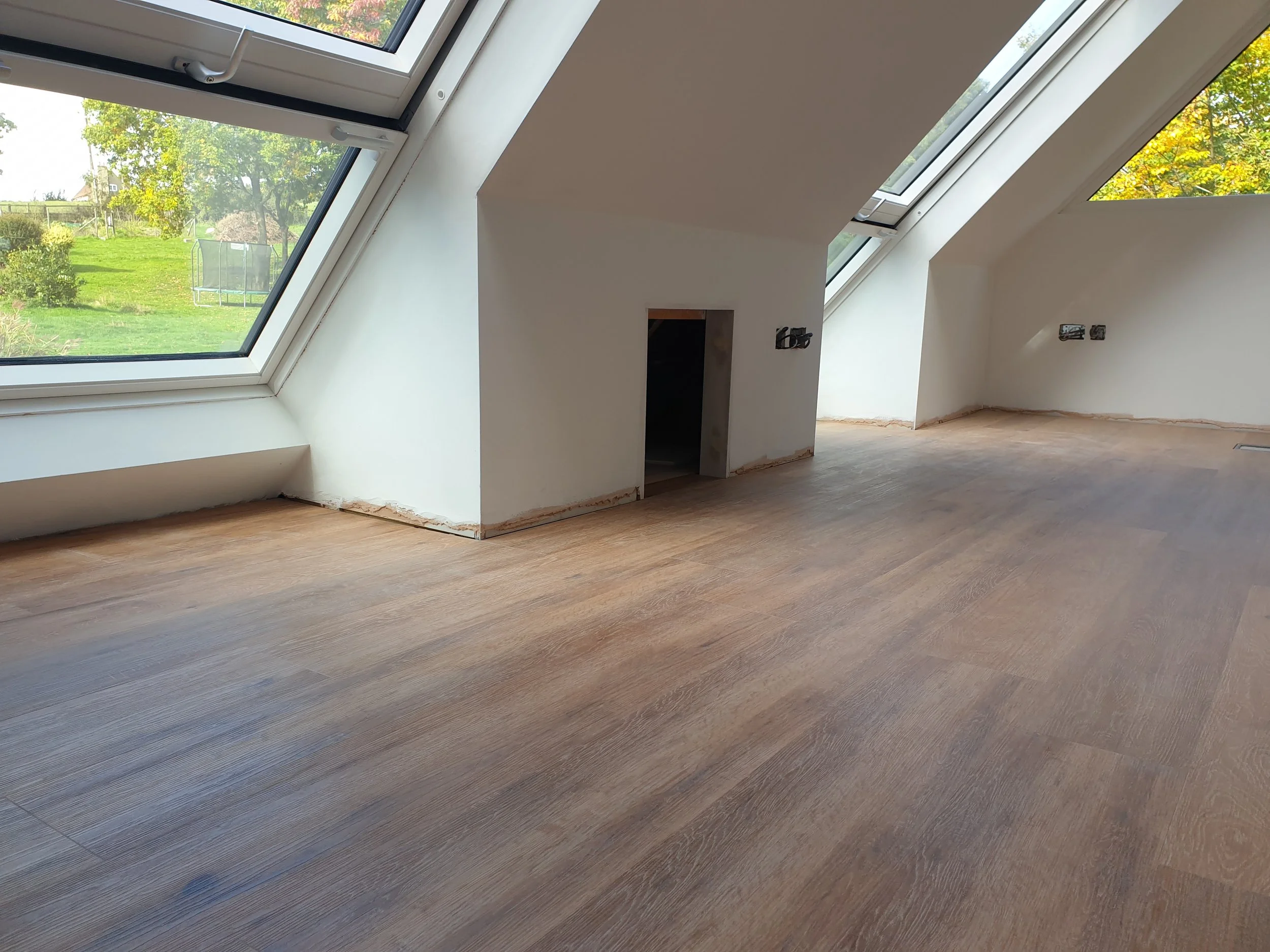 Empty attic room with skylight windows and wooden floor, overlooking a garden outside.