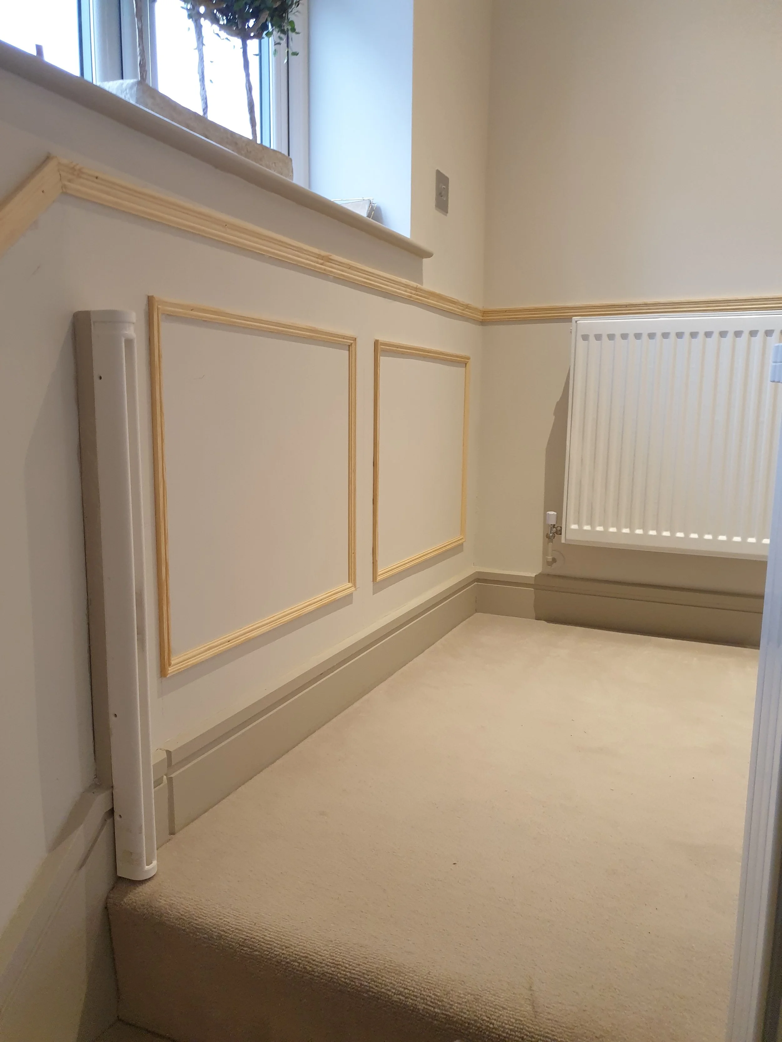 Empty corner of a room with a beige carpeted floor, white walls with decorative wood trim, a radiator, and a window with a plant outside.