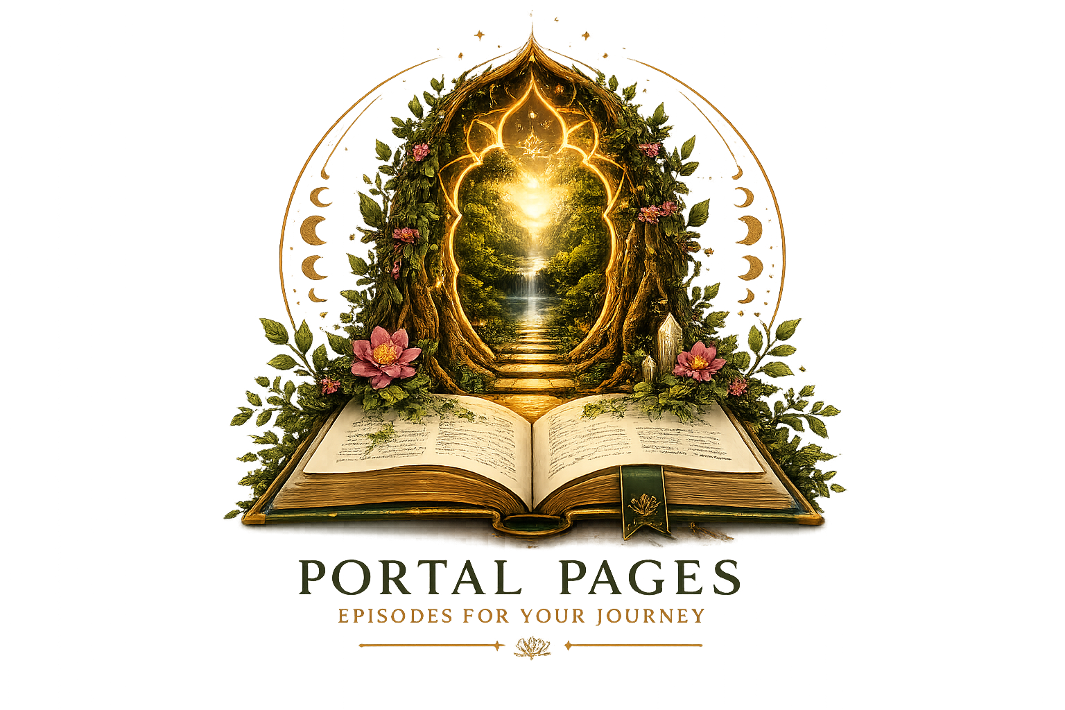 Portal Pages artwork featuring an open book beneath a glowing lotus-shaped forest portal, with golden steps leading toward a waterfall, surrounded by vines, flowers, moon phases, and warm light.