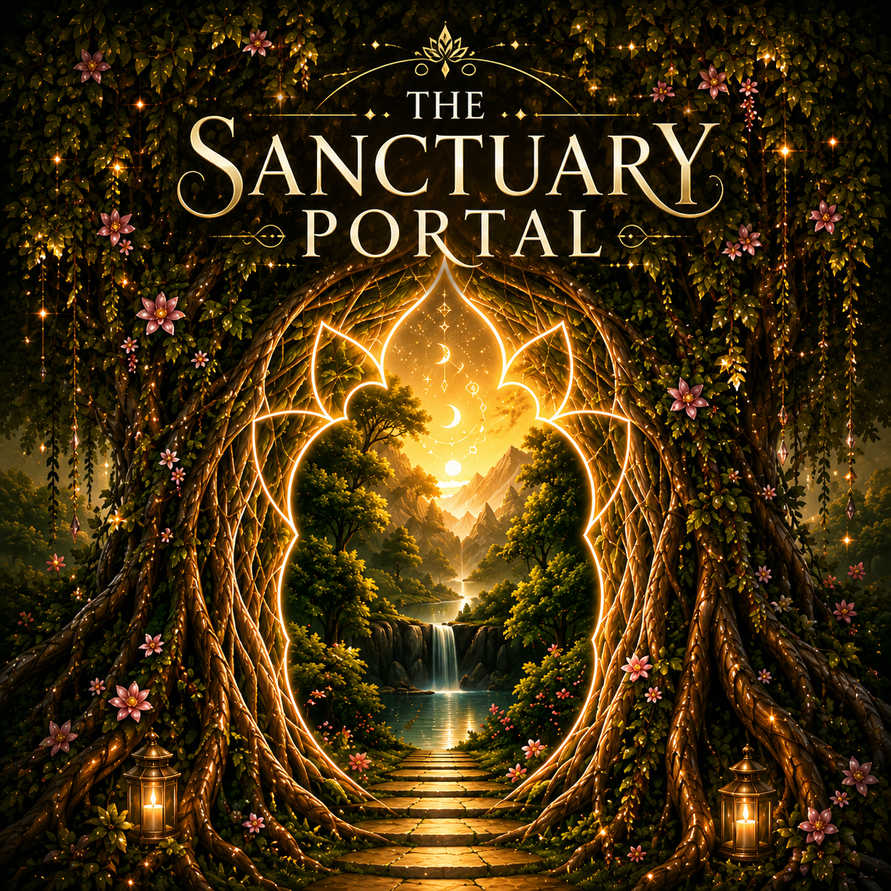 The Sanctuary Portal podcast cover featuring a glowing forest doorway framed by intertwined tree roots, flowers, and warm golden light.