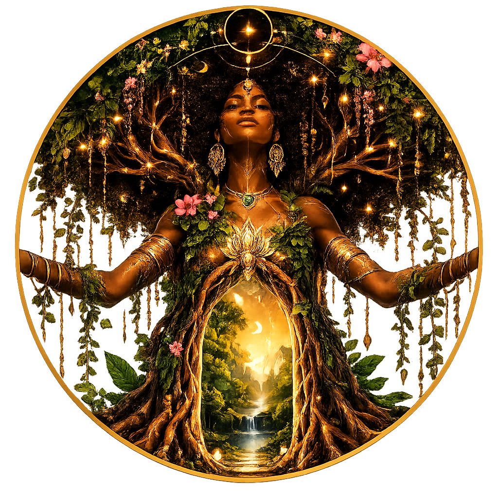Illustrated Black woman embodied as a living tree with open arms, an Afro-like canopy, and a glowing forest portal at her center.
