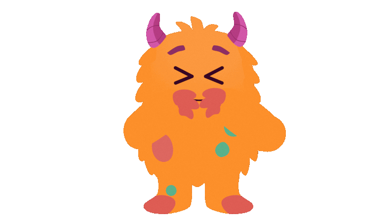 Meemie with purple horns, closed eyes, and a big smile, with pink spots and blue dots on its body.