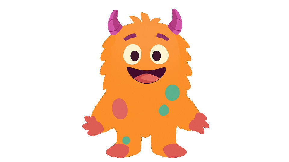 Meemie with purple horns, big eyes, and an orange fuzzy body with purple and teal spots.