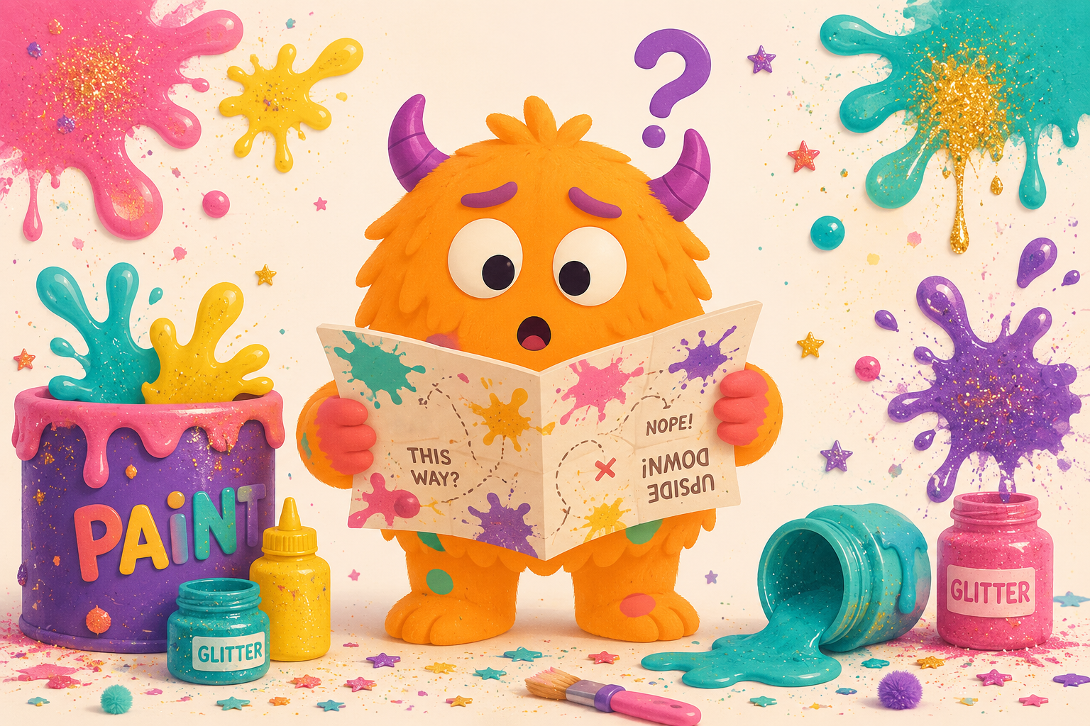A plush, orange, furry monster with purple horns and big, white eyes holding a paper map with paint splatters and the words 'This way?', 'Nope!', and 'Doubt' written on it, surrounded by colorful paint splashes, star-shaped confetti, containers of glitter and paint, a paintbrush, and splattered paint on a white background.