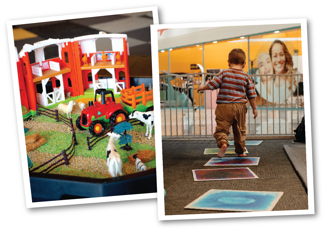 A photo collage featuring two images: one of a children's toy farm with a red tractor, cows, and a barn, and another of a young boy standing on painted canvases at an indoor art exhibit, with a large smiling face mural in the background.
