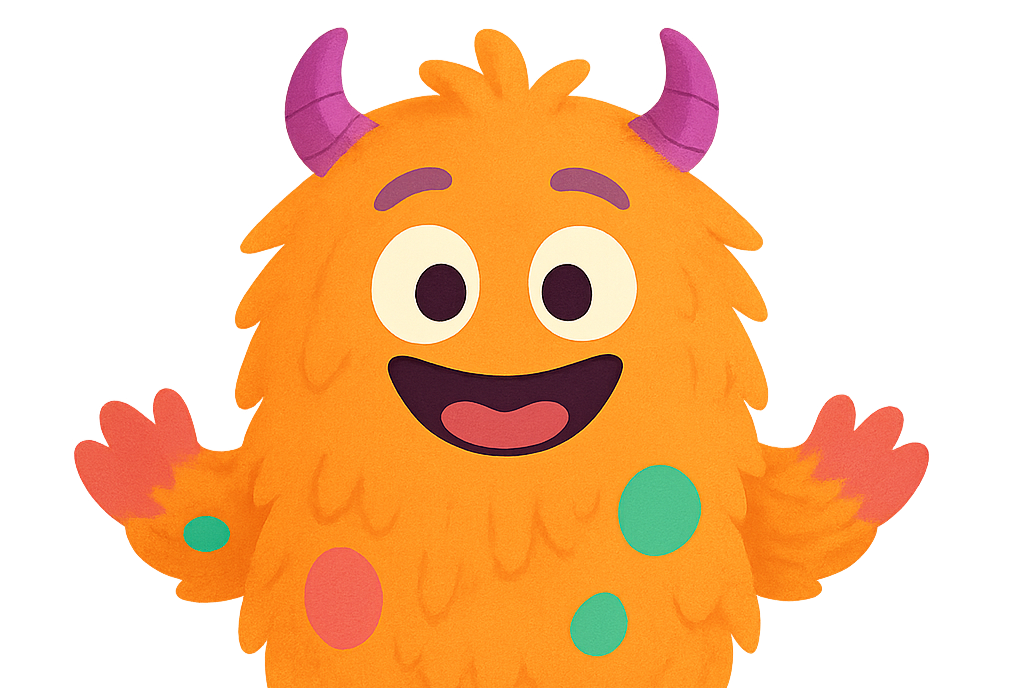 Meemie with orange fur, purple horns, big eyes, a wide smile, and pink and green spots.