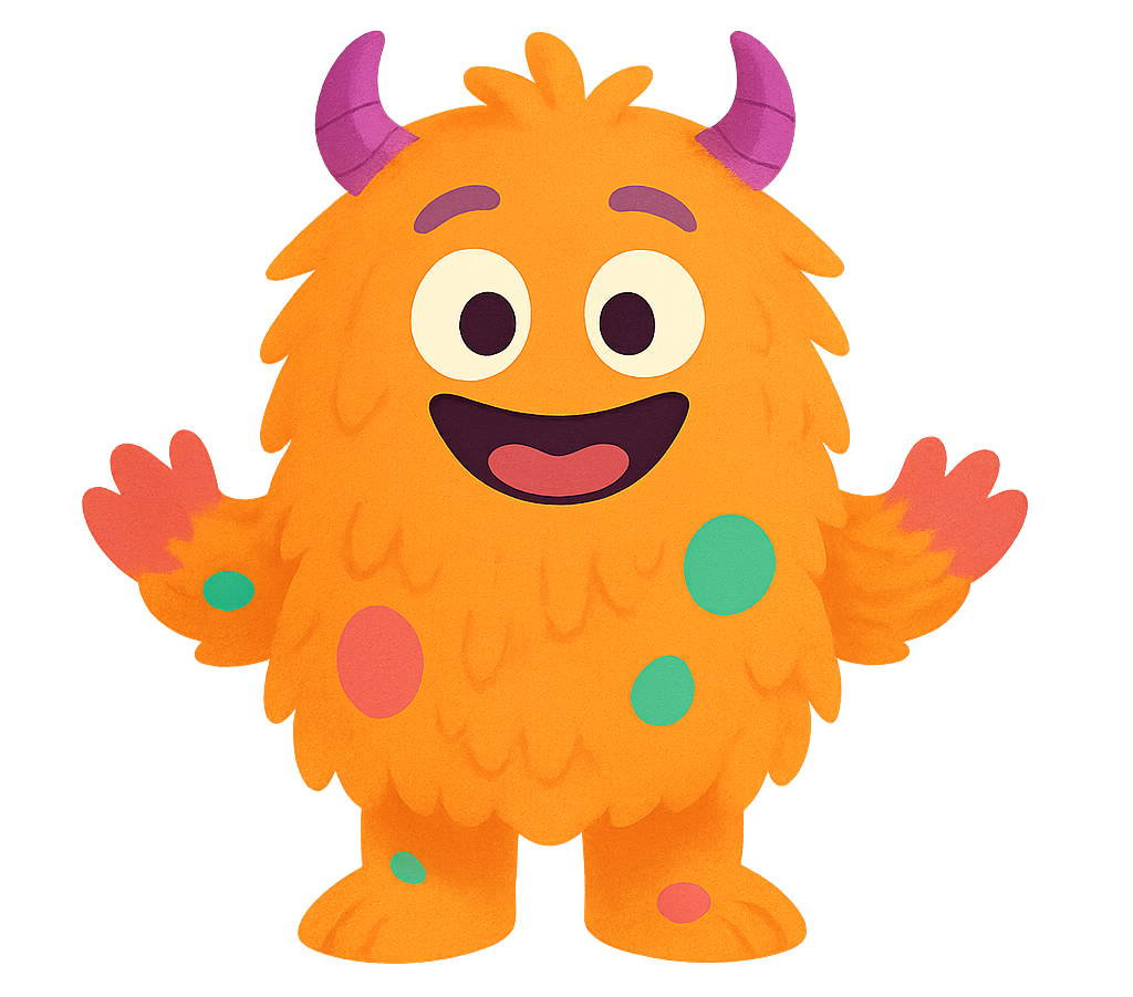 Meemie with orange, fluffy fur, purple horns, and colorful spots on its body, smiling and waving.