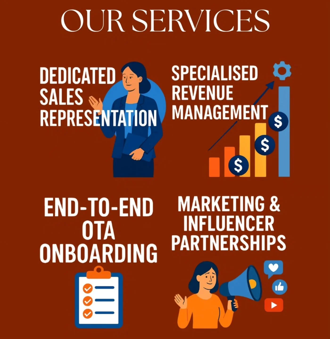 ☆Full e-commerce and leisure sales management &mdash; no additional headcount required from your team.
บริหารงานด้านอีคอมเมิร์ซและการขายด้านการท่องเที่ยวและสันทนาการแบบครบวงจร &mdash; โดยไม่จำเป็นต้องเพิ่มบุคลากรจากทีมของท่าน

☆Deep expertise in tour