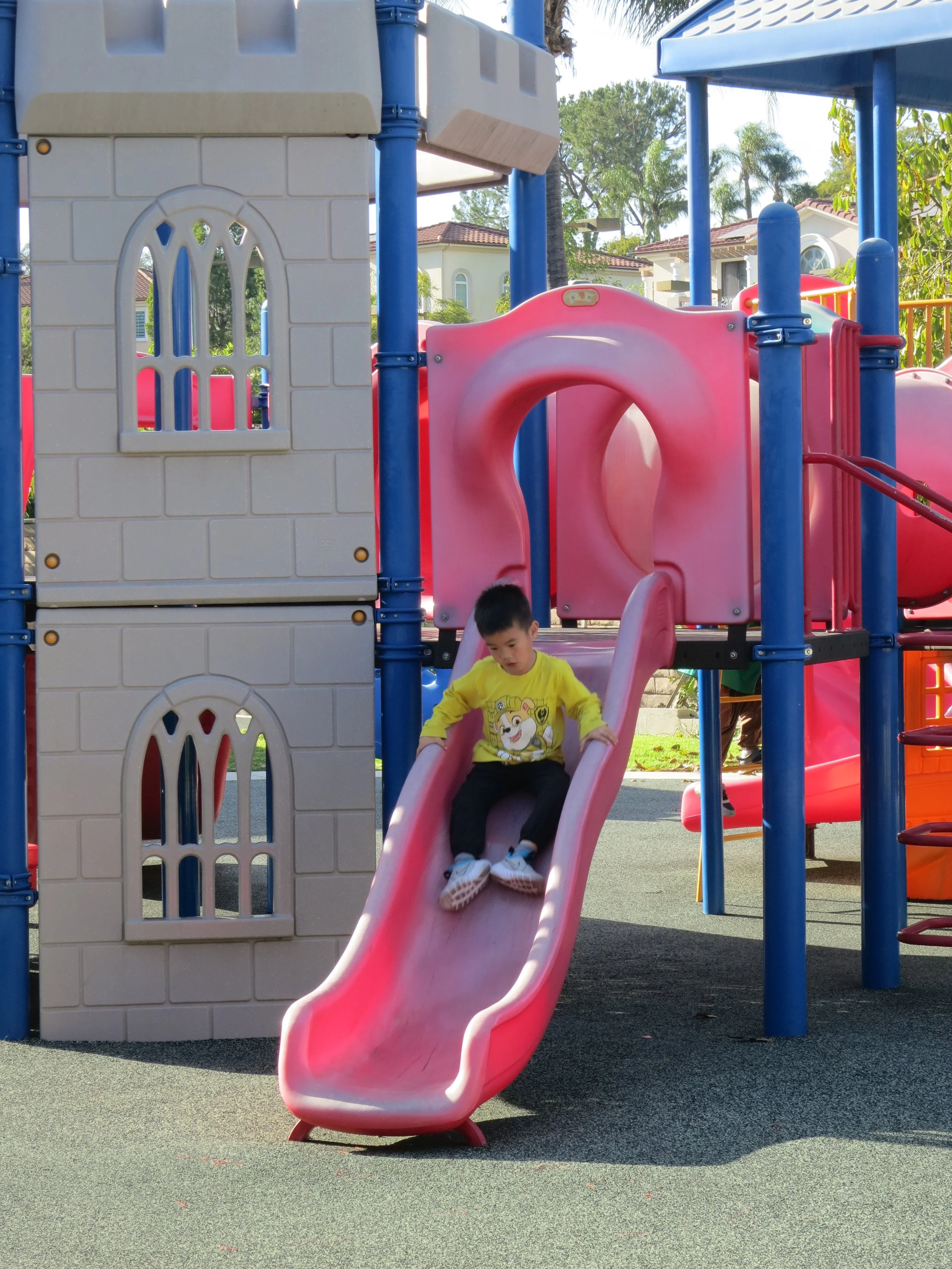 A young kindergarten boy wearing a yellow sweatshirt with a lion design is sliding down a pink slide at a playground. (The Cross Schools of Education - Walnut, CA)