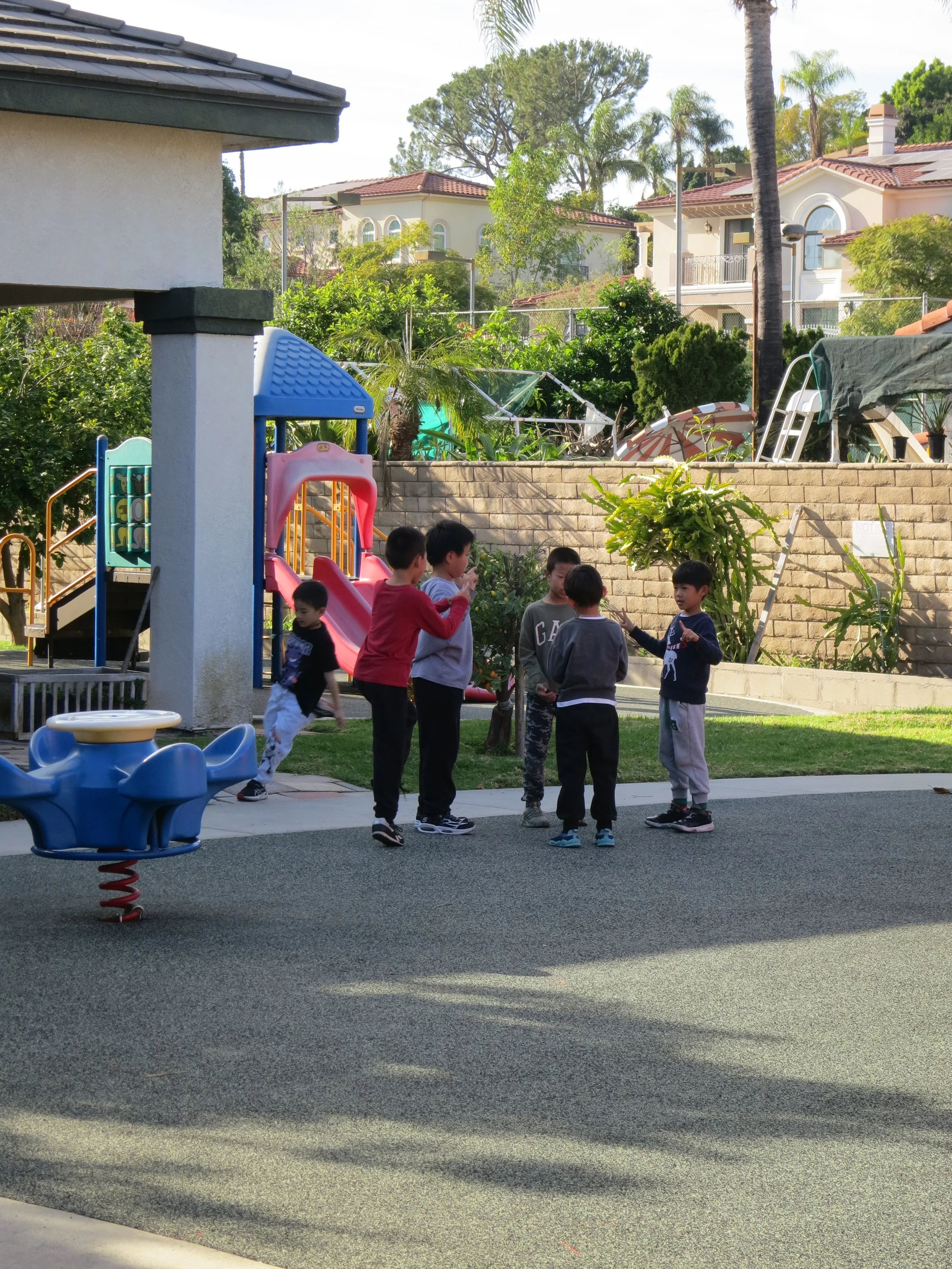 A group of private school students playing and talking in a playground with slides and a spring rider, surrounded by trees and residential houses. (The Cross Schools of Education - Walnut, CA)