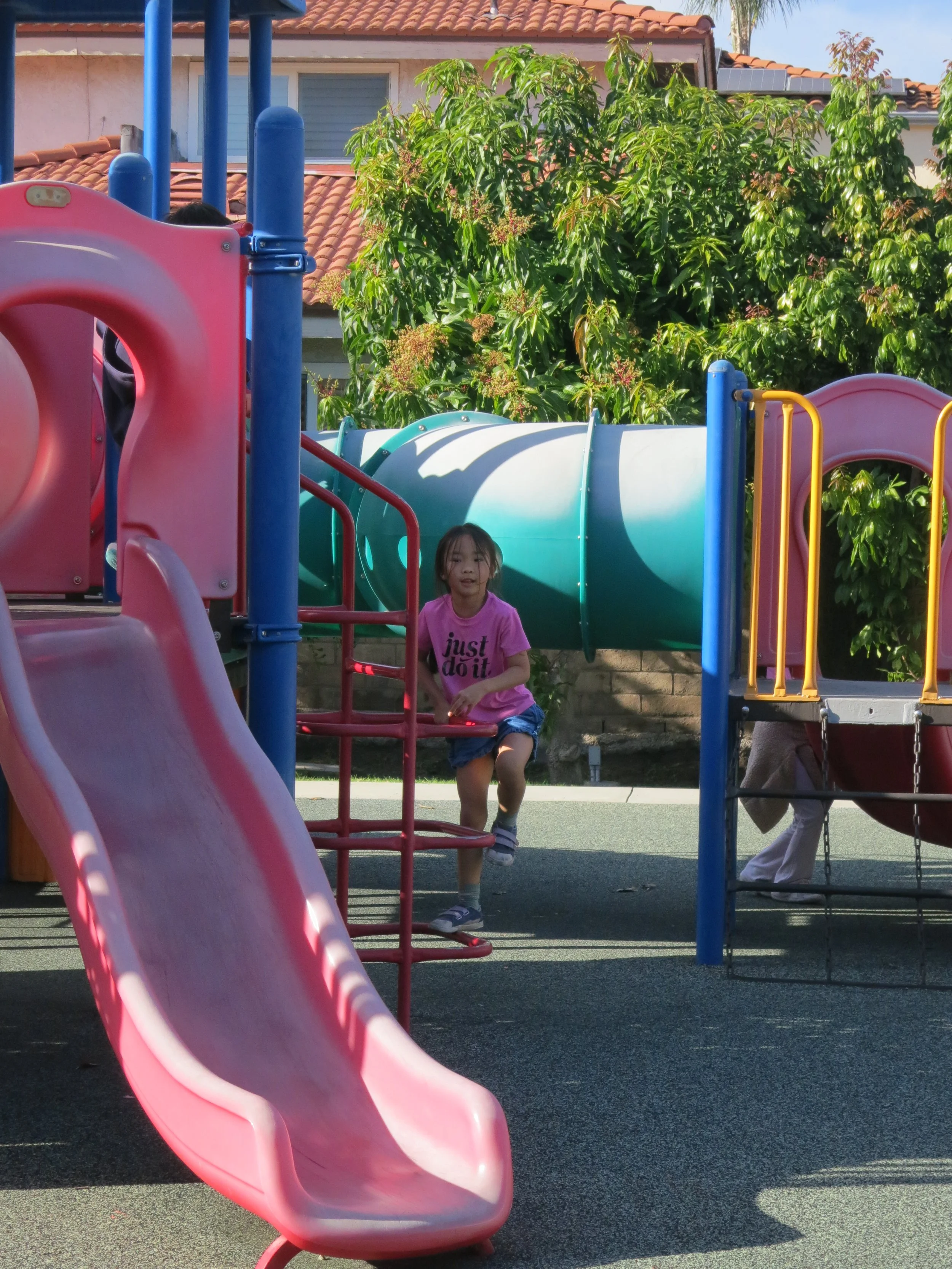Private preschool student climbing red ladder on colorful playground with slide and tunnel, surrounded by green trees and a house in the background. (The Cross Schools of Education - Walnut, CA)
