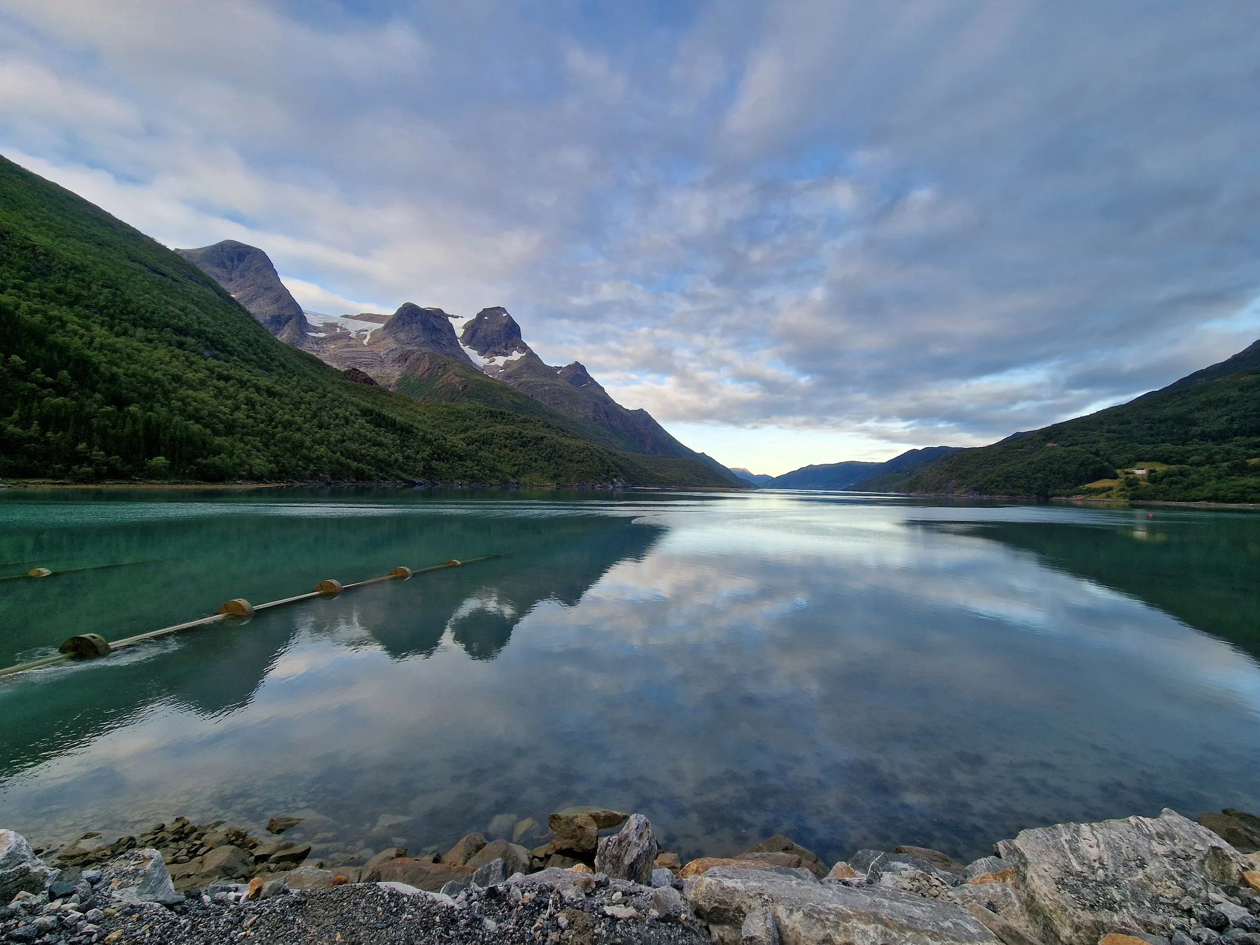 Bildet viser en rolig fjord omgitt av grønne fjell, med noen snødekte topper i bakgrunnen, under en delvis overskyet himmel. Vannet reflekterer skyene og fjellene.