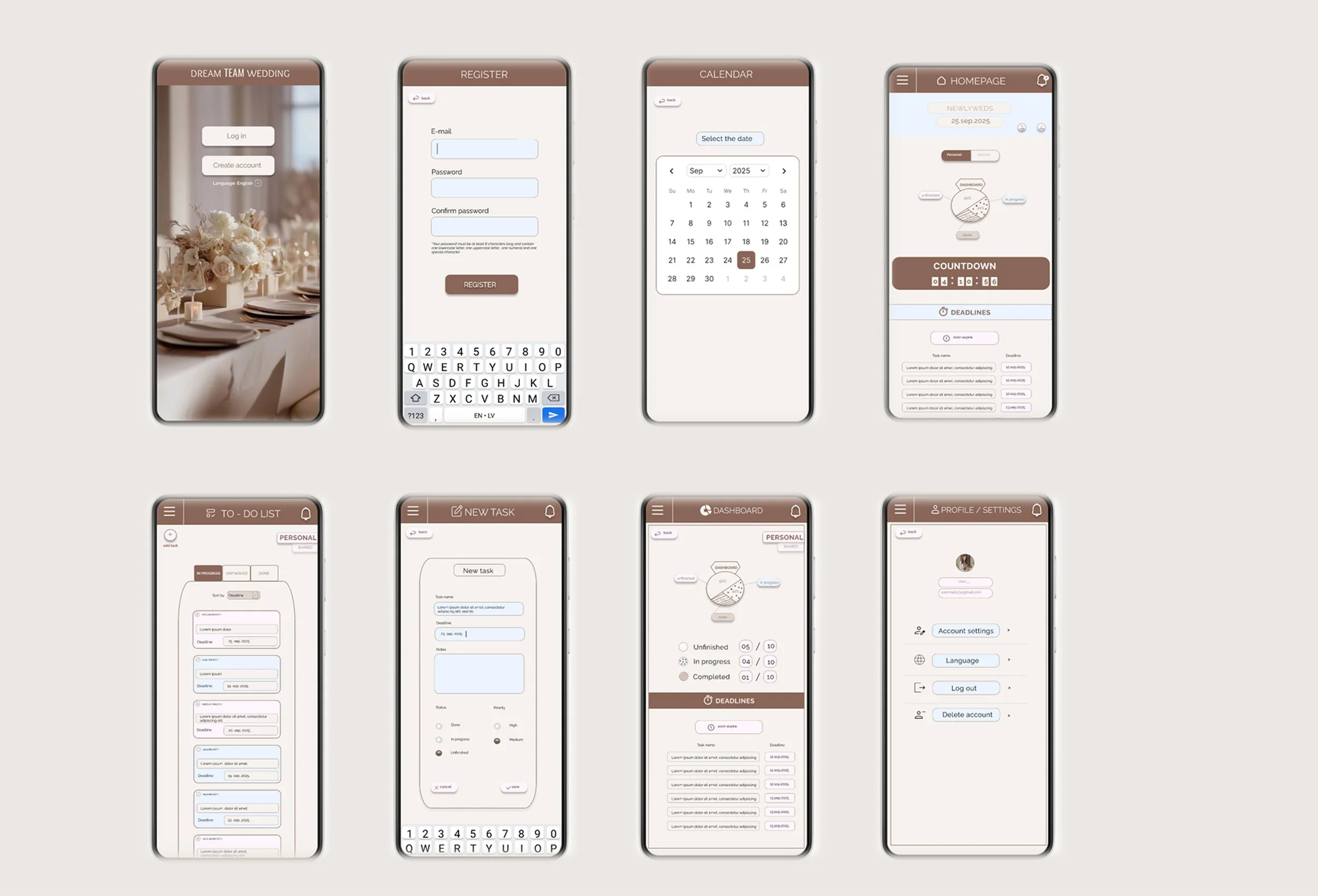Collection of mobile app interface screens for a wedding planning app, featuring sections like login, registration, calendar, homepage, to-do list, new task, dashboard, and profile settings.