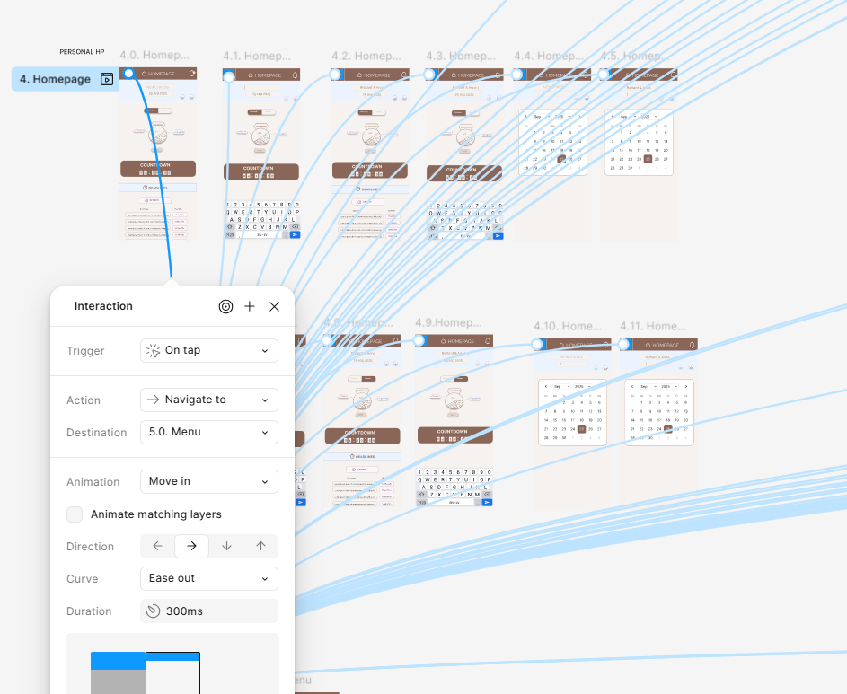 A digital design flow diagram showing multiple webpage screens with an interaction panel for navigating to a menu, with blue flow lines indicating user interactions.