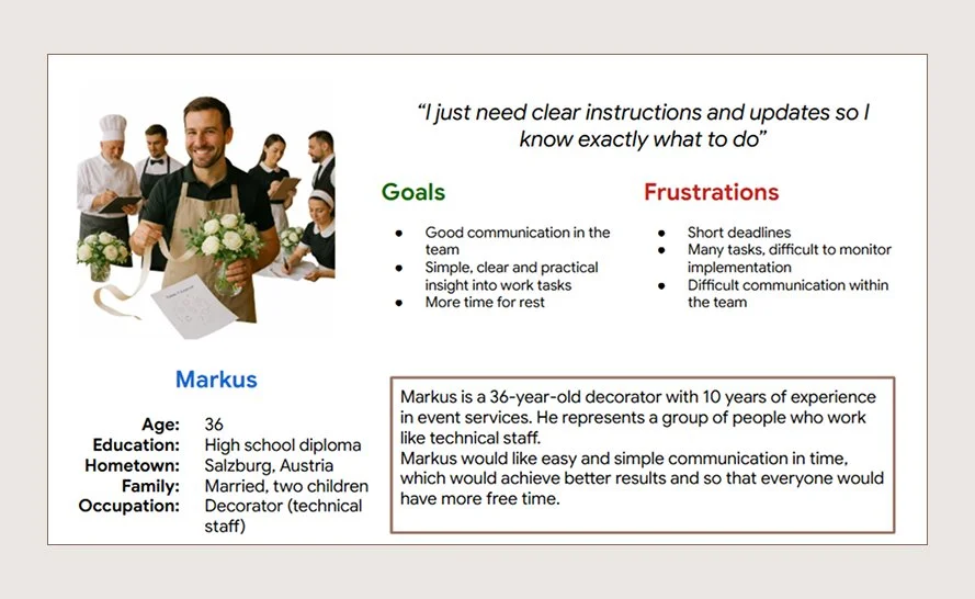 A presentation slide discussing goals and frustrations in a team setting, featuring a smiling man holding flowers with several people behind him, some dressed as chefs. The slide highlights goals like good communication and practical work insight, and frustrations like short deadlines and difficult communication.