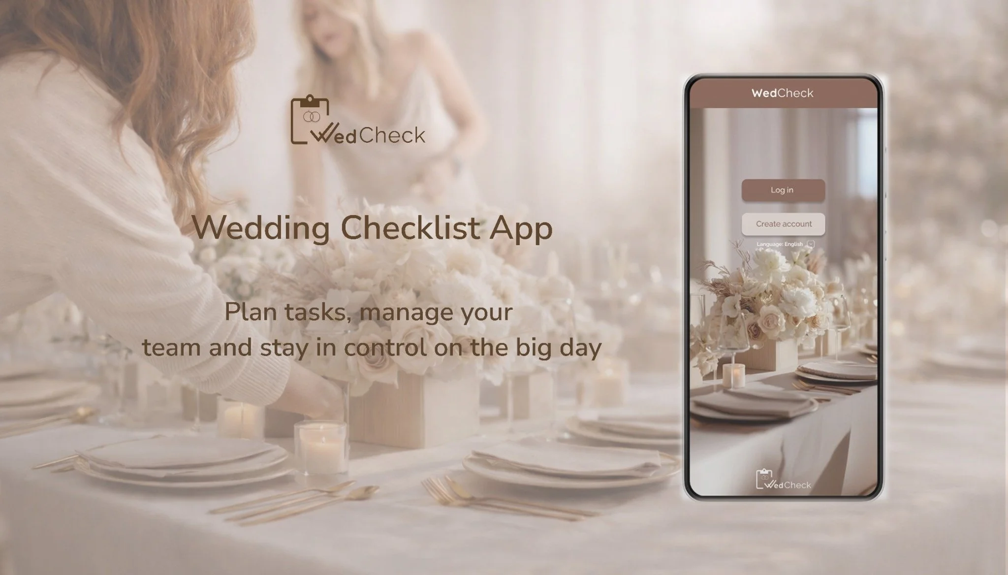 Wedding planning app screen with a background of a wedding reception setup with tableware and floral arrangements, and a phone mockup displaying the app's login page.