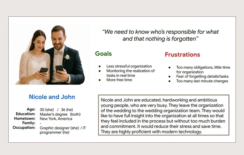 A wedding-themed infographic with a photo of a man and woman in wedding attire, both looking at their phones, and a quote about responsibility. The infographic is divided into sections labeled Goals and Frustrations, with bullet points. It includes brief biographies of Nicole and John, their age, education, hometown, family, and occupation, and a paragraph describing them as educated, hardworking, and involved in wedding organizations, emphasizing their tech proficiency.