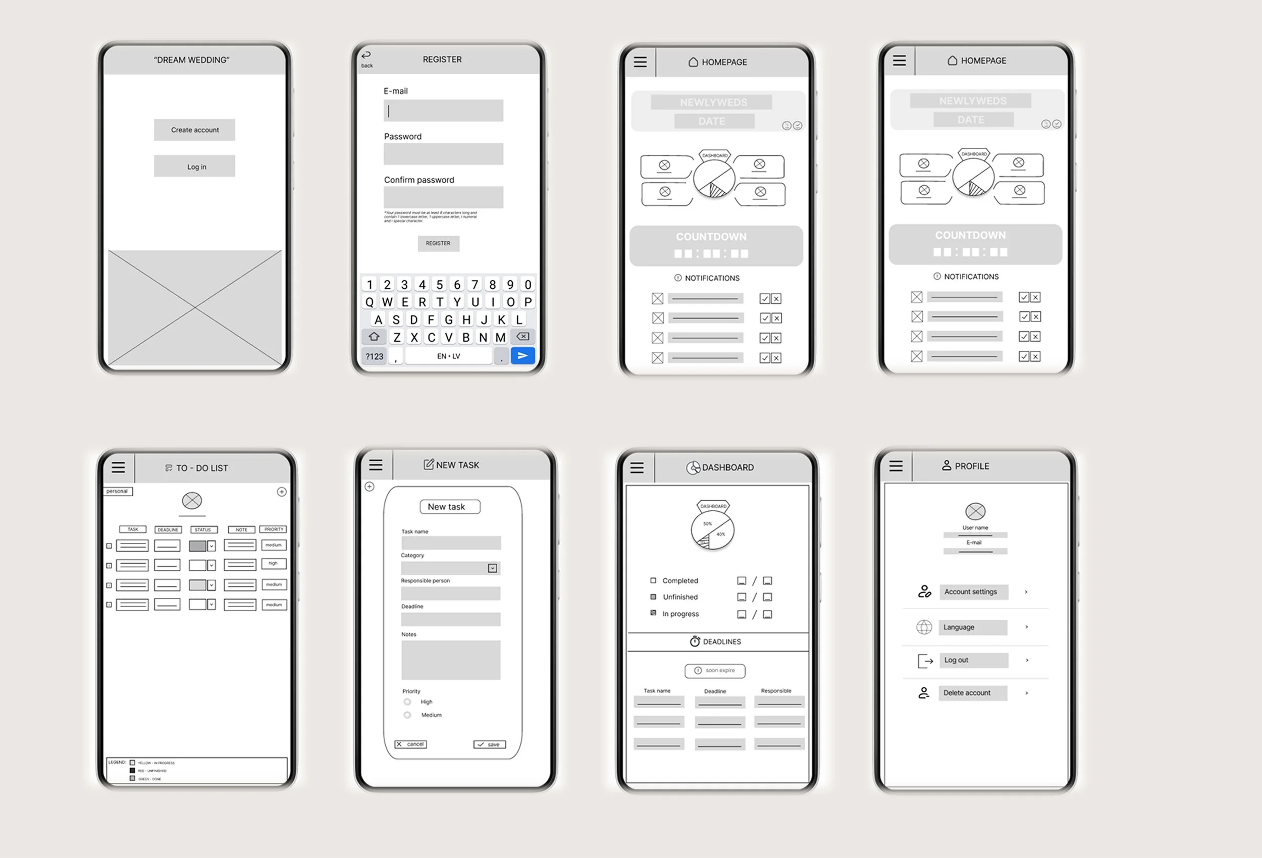 Collection of mobile app mockup screens showing a wedding planning app, including registration, home, to-do list, new task, dashboard, and profile pages.