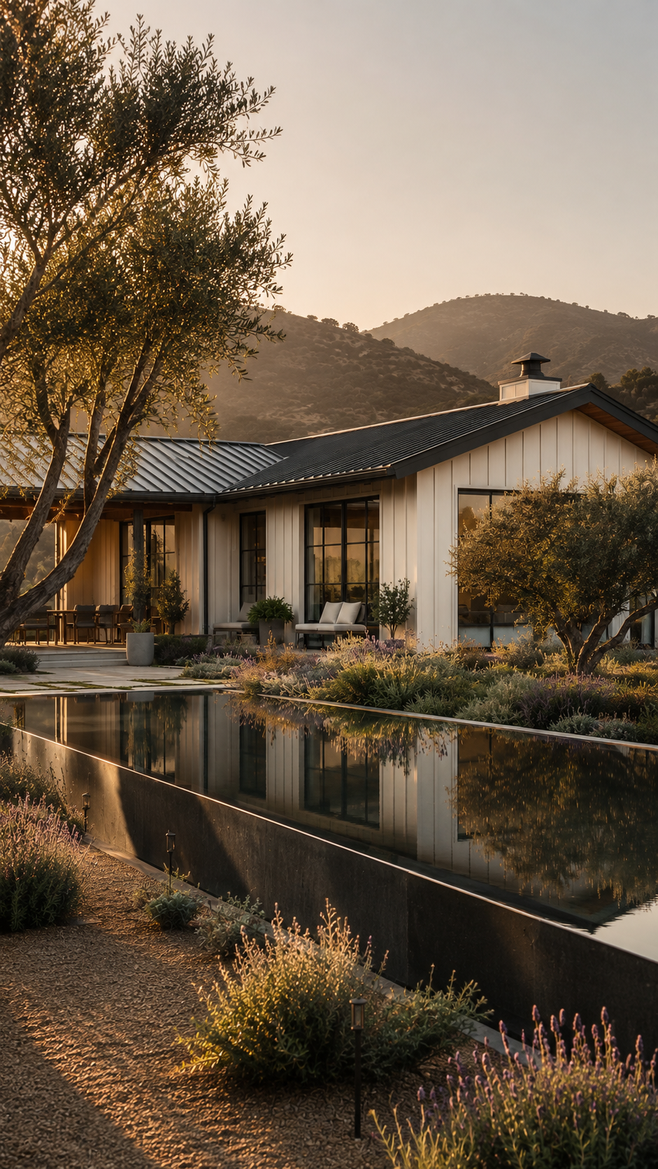 Modern ranch-style farmhouse render by  KMTN studio in San Diego with board-and-batten exterior, infinity pool, and native olive tree landscaping