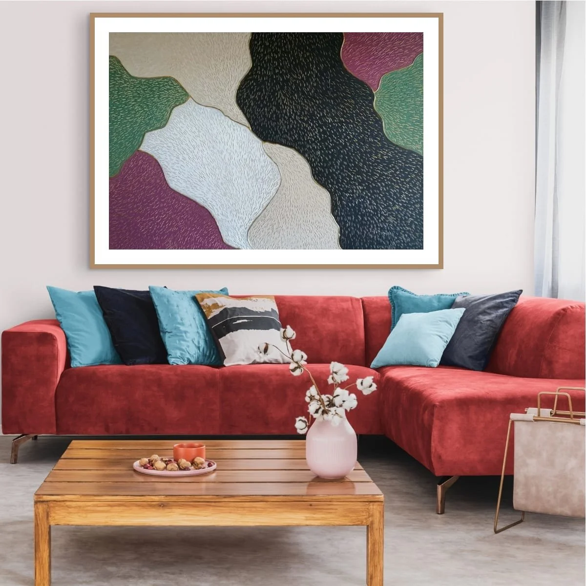 Abstract sculptural painting with raised organic shapes and gold outlines in black, white, green and beige, titled Opus XIV – Golden Currents by contemporary artist Sotiris Christodoulou-Mockup 19